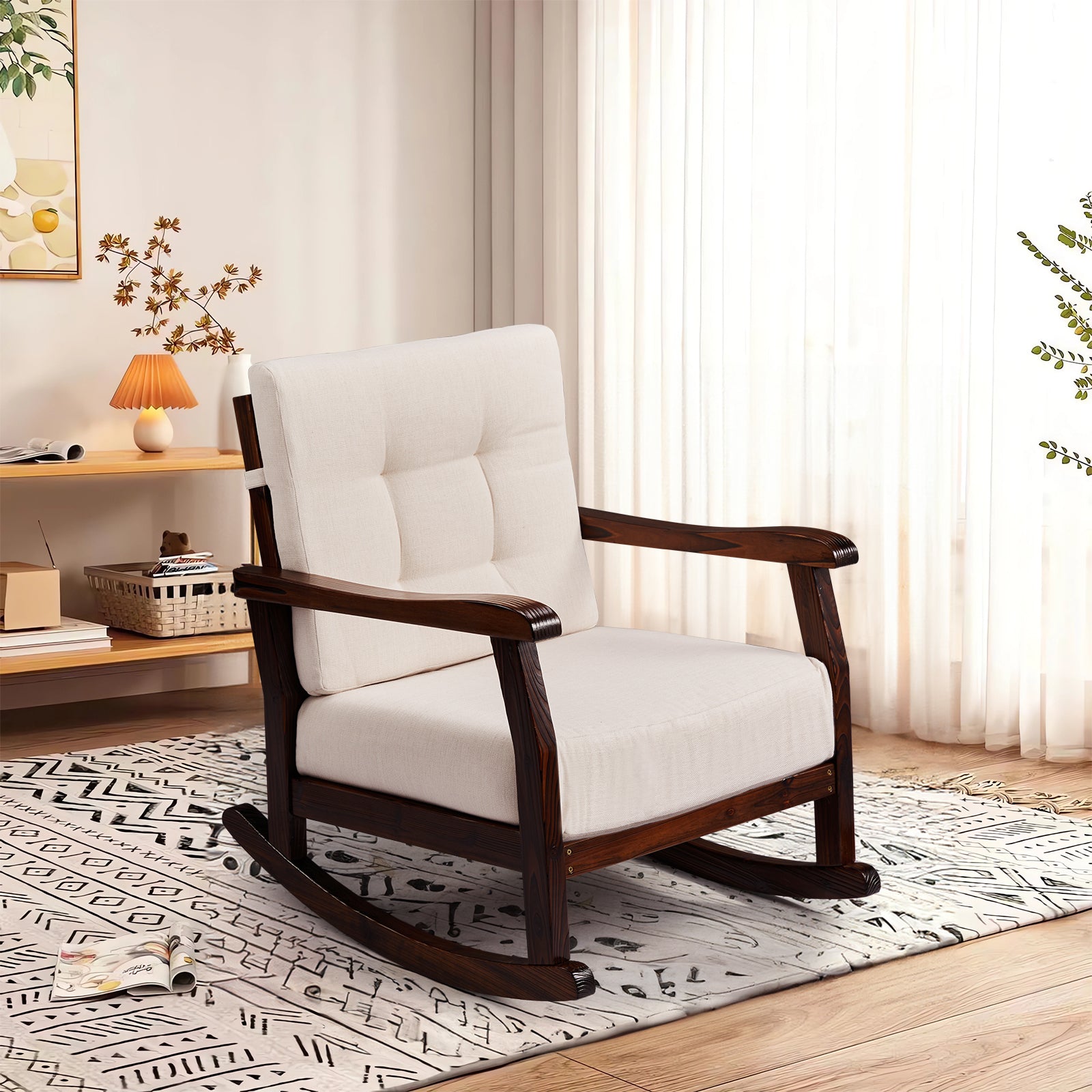 HAOYYE Outdoor Wood Rocking Chair with Detachable Washable Cushions, Inclined Backrest for Patio, Porch, Backyard, Balcony, or Poolside, Solid Fir Wood Construction, Comfortable and Durable Brown Rocker for Relaxation