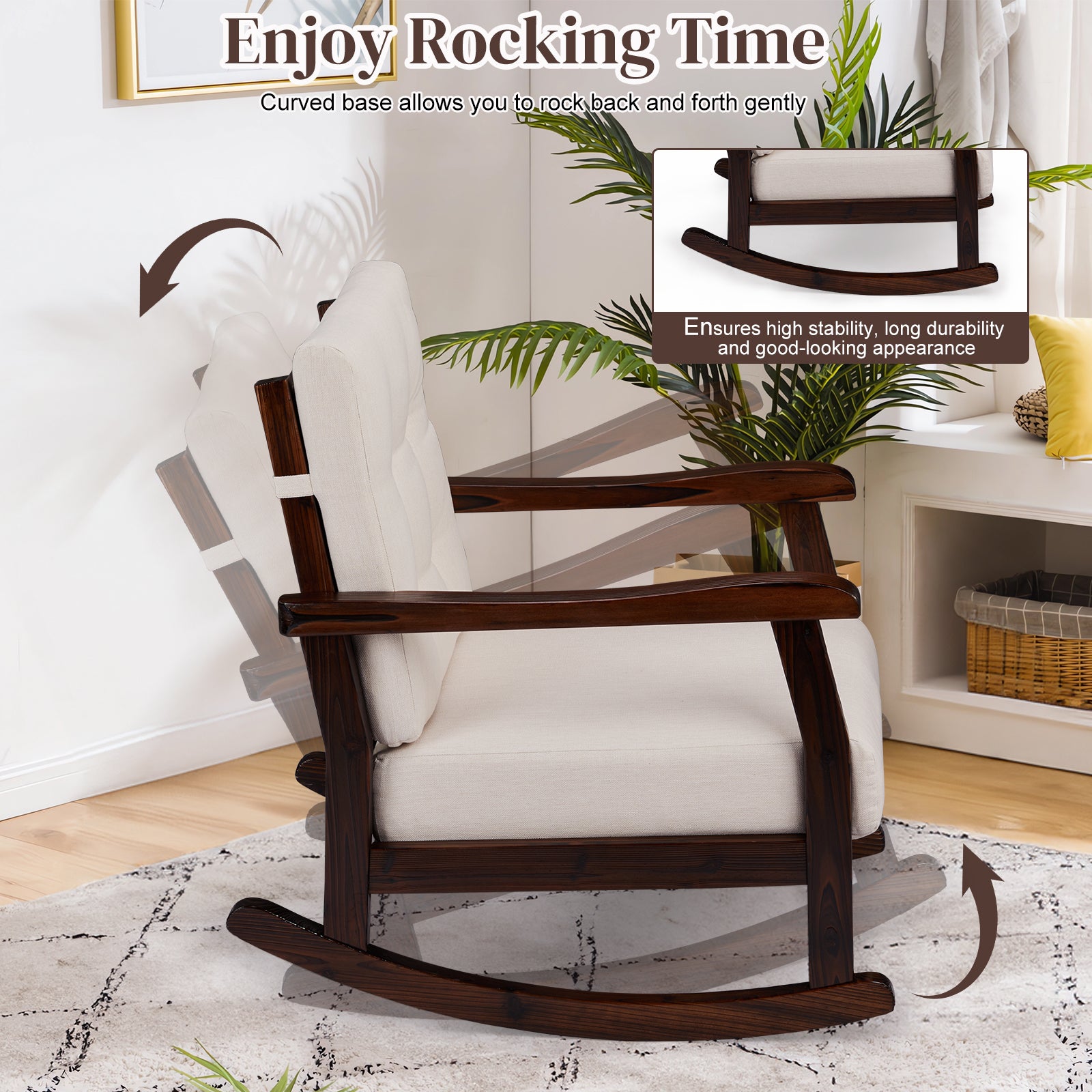 HAOYYE Outdoor Wood Rocking Chair with Detachable Washable Cushions, Inclined Backrest for Patio, Porch, Backyard, Balcony, or Poolside, Solid Fir Wood Construction, Comfortable and Durable Brown Rocker for Relaxation