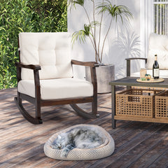 HAOYYE Outdoor Wood Rocking Chair with Detachable Washable Cushions, Inclined Backrest for Patio, Porch, Backyard, Balcony, or Poolside, Solid Fir Wood Construction, Comfortable and Durable Brown Rocker for Relaxation