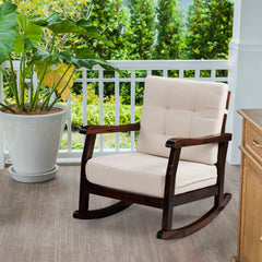 HAOYYE Outdoor Wood Rocking Chair with Detachable Washable Cushions, Inclined Backrest for Patio, Porch, Backyard, Balcony, or Poolside, Solid Fir Wood Construction, Comfortable and Durable Brown Rocker for Relaxation