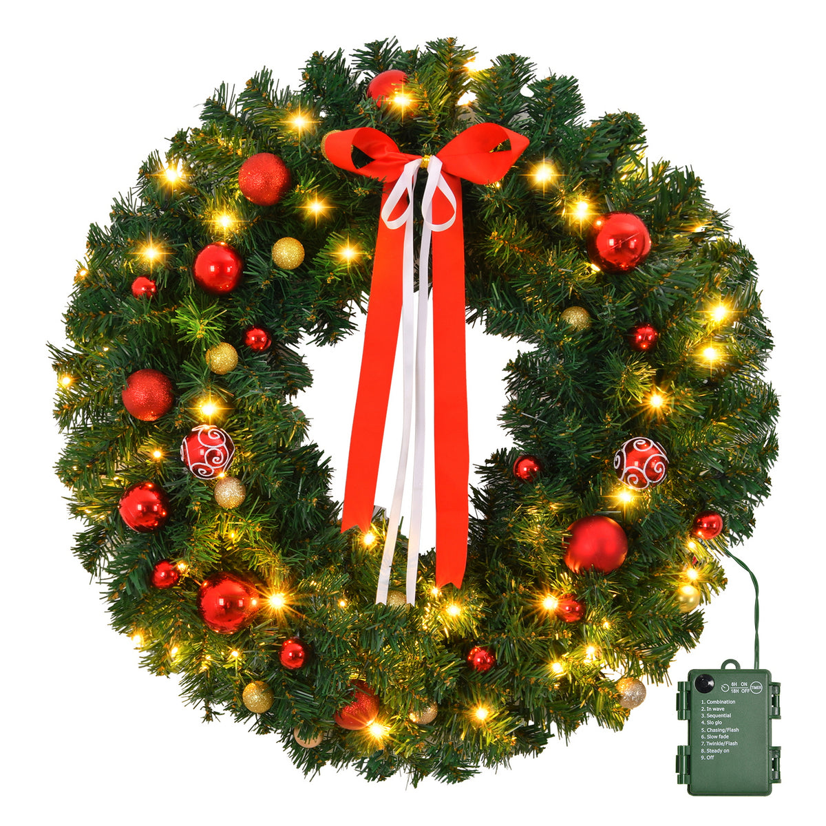 HAOYYE Pre-Lit Battery Powered Christmas Wreath with 80 Warm White LED Lights, 270 PVC Tips and 18 DIY Ornaments, Lighted Artificial Xmas Decoration for Front Door, Gate, Wall, Holiday Party, Festive Indoor and Outdoor Display