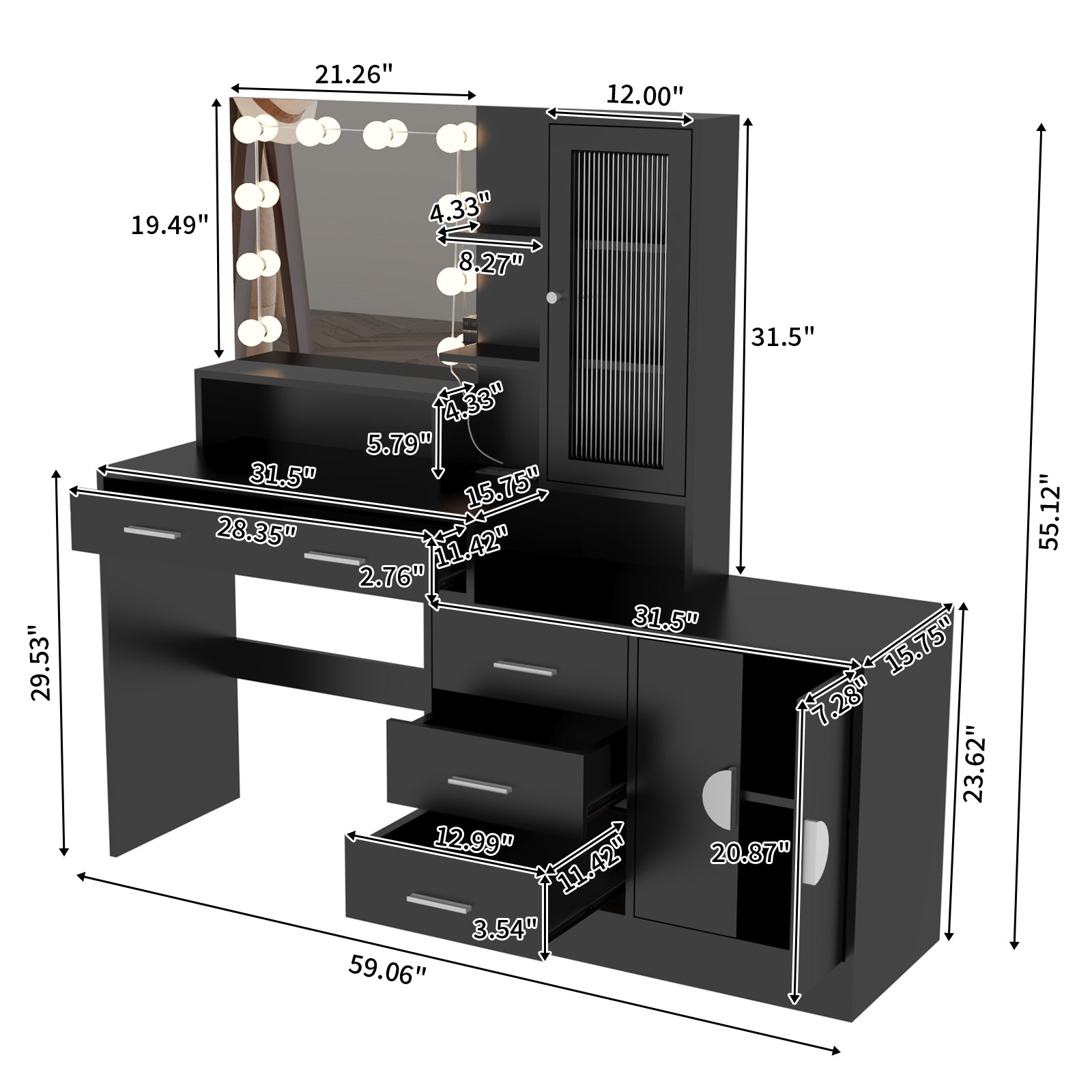 HAOYYE Large Makeup Vanity with Lights, Black Vanity Table with Charging Station, 10 LED Light Bulbs, Mirror, 3 Drawers, Storage Shelves, and Cabinets, Modern Makeup Desk for Bedroom, Dressing Room, or Salon, Adjustable Lighting and USB Ports