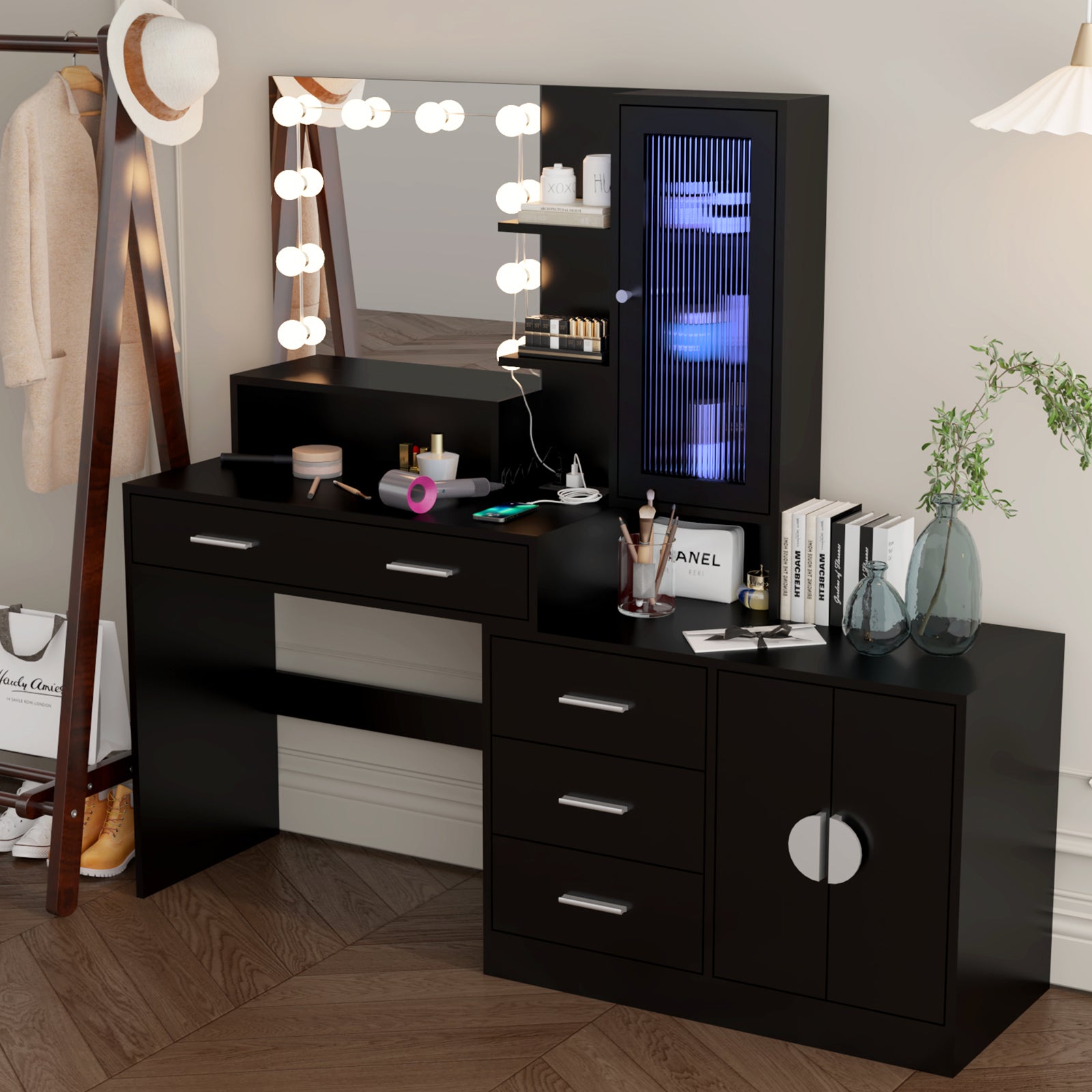 HAOYYE Large Makeup Vanity with Lights, Black Vanity Table with Charging Station, 10 LED Light Bulbs, Mirror, 3 Drawers, Storage Shelves, and Cabinets, Modern Makeup Desk for Bedroom, Dressing Room, or Salon, Adjustable Lighting and USB Ports