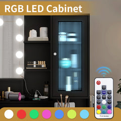 HAOYYE Large Makeup Vanity with Lights, Black Vanity Table with Charging Station, 10 LED Light Bulbs, Mirror, 3 Drawers, Storage Shelves, and Cabinets, Modern Makeup Desk for Bedroom, Dressing Room, or Salon, Adjustable Lighting and USB Ports
