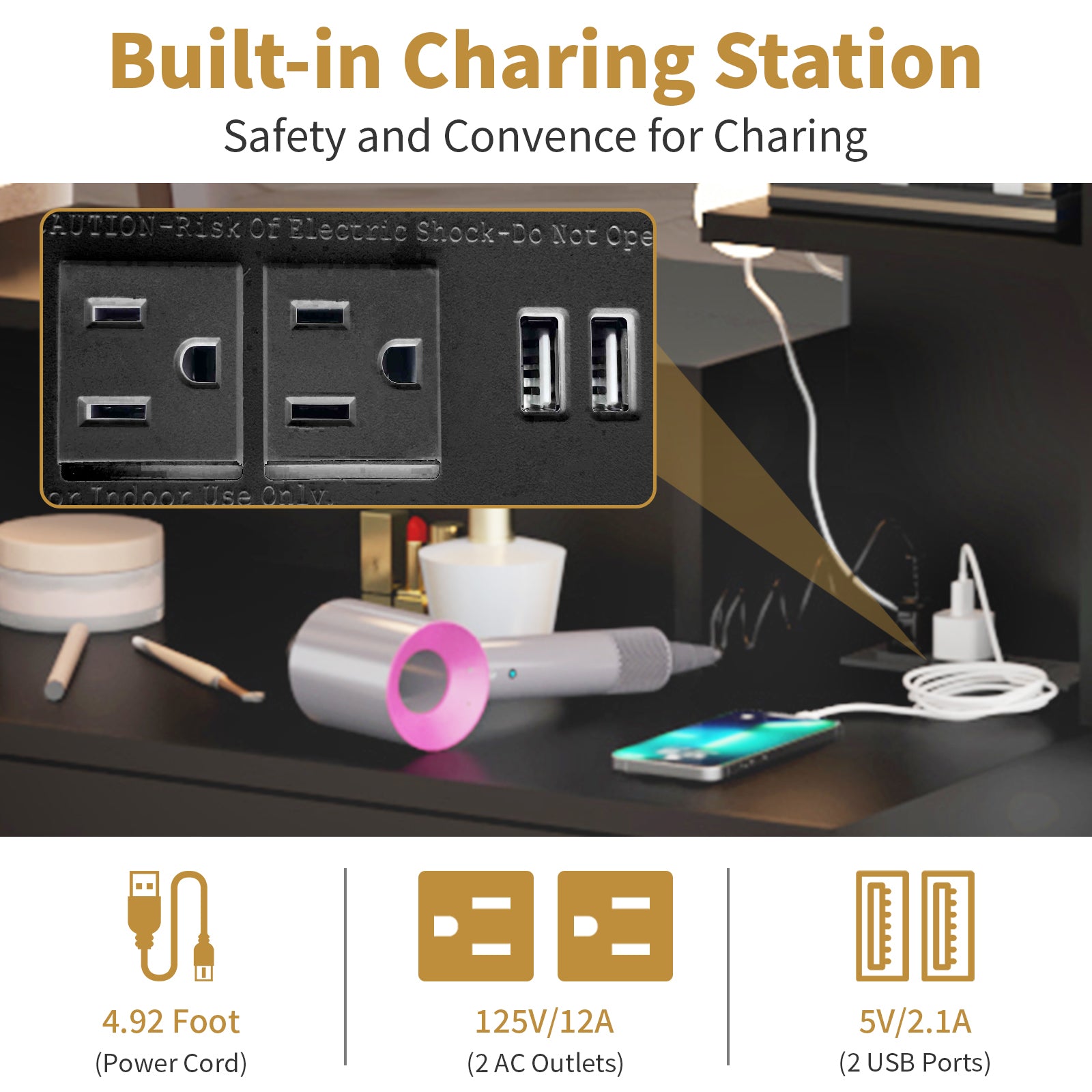 HAOYYE Large Makeup Vanity with Lights, Black Vanity Table with Charging Station, 10 LED Light Bulbs, Mirror, 3 Drawers, Storage Shelves, and Cabinets, Modern Makeup Desk for Bedroom, Dressing Room, or Salon, Adjustable Lighting and USB Ports