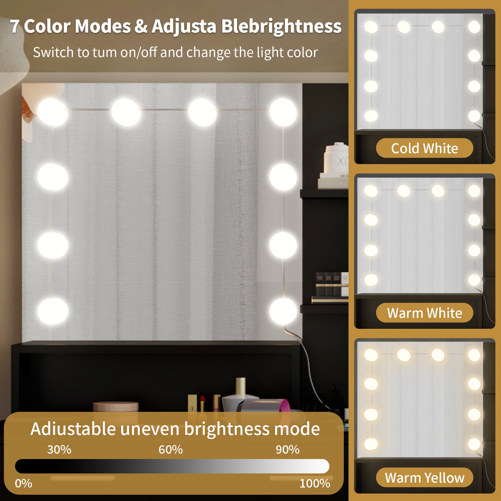HAOYYE Large Makeup Vanity with Lights, Black Vanity Table with Charging Station, 10 LED Light Bulbs, Mirror, 3 Drawers, Storage Shelves, and Cabinets, Modern Makeup Desk for Bedroom, Dressing Room, or Salon, Adjustable Lighting and USB Ports