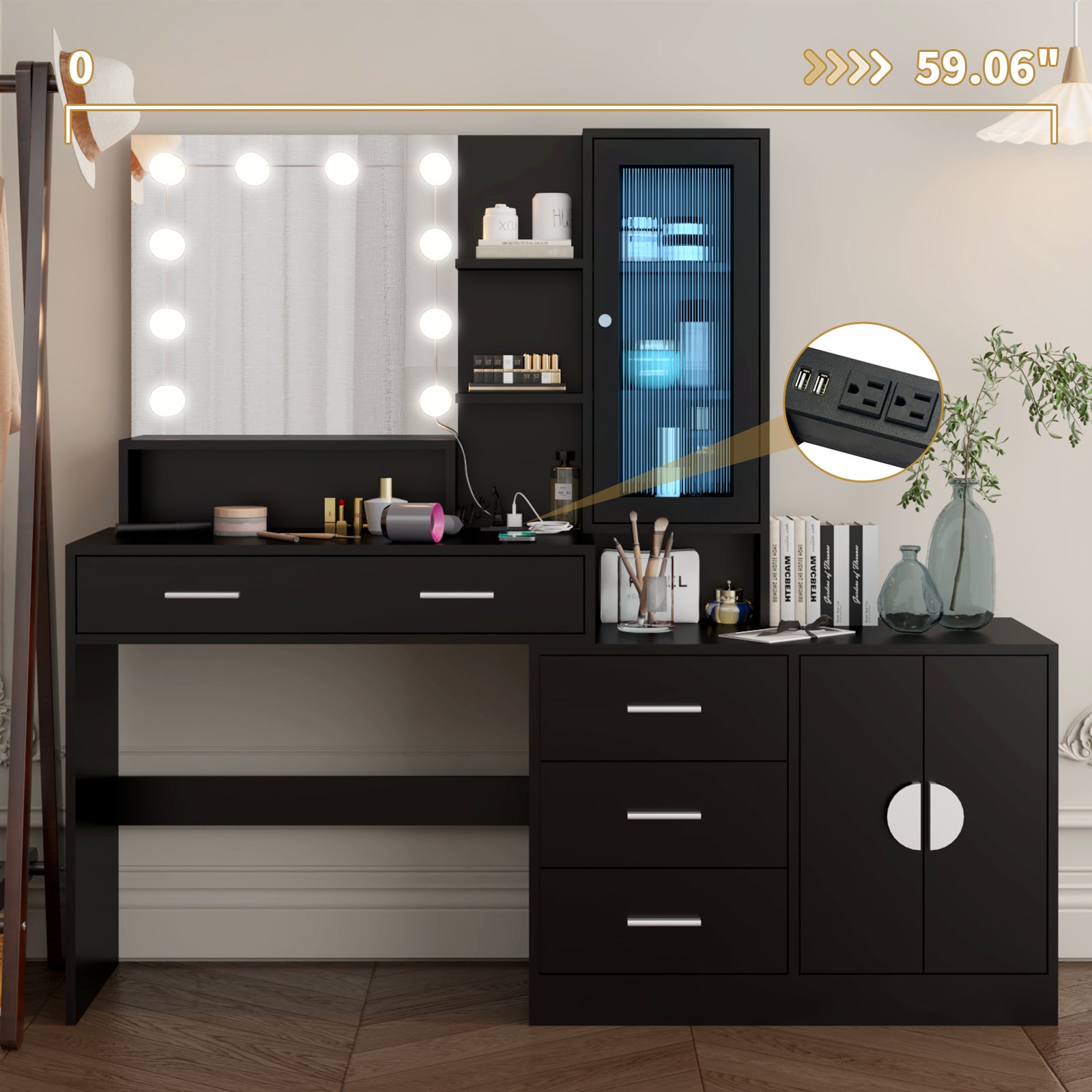 HAOYYE Large Makeup Vanity with Lights, Black Vanity Table with Charging Station, 10 LED Light Bulbs, Mirror, 3 Drawers, Storage Shelves, and Cabinets, Modern Makeup Desk for Bedroom, Dressing Room, or Salon, Adjustable Lighting and USB Ports