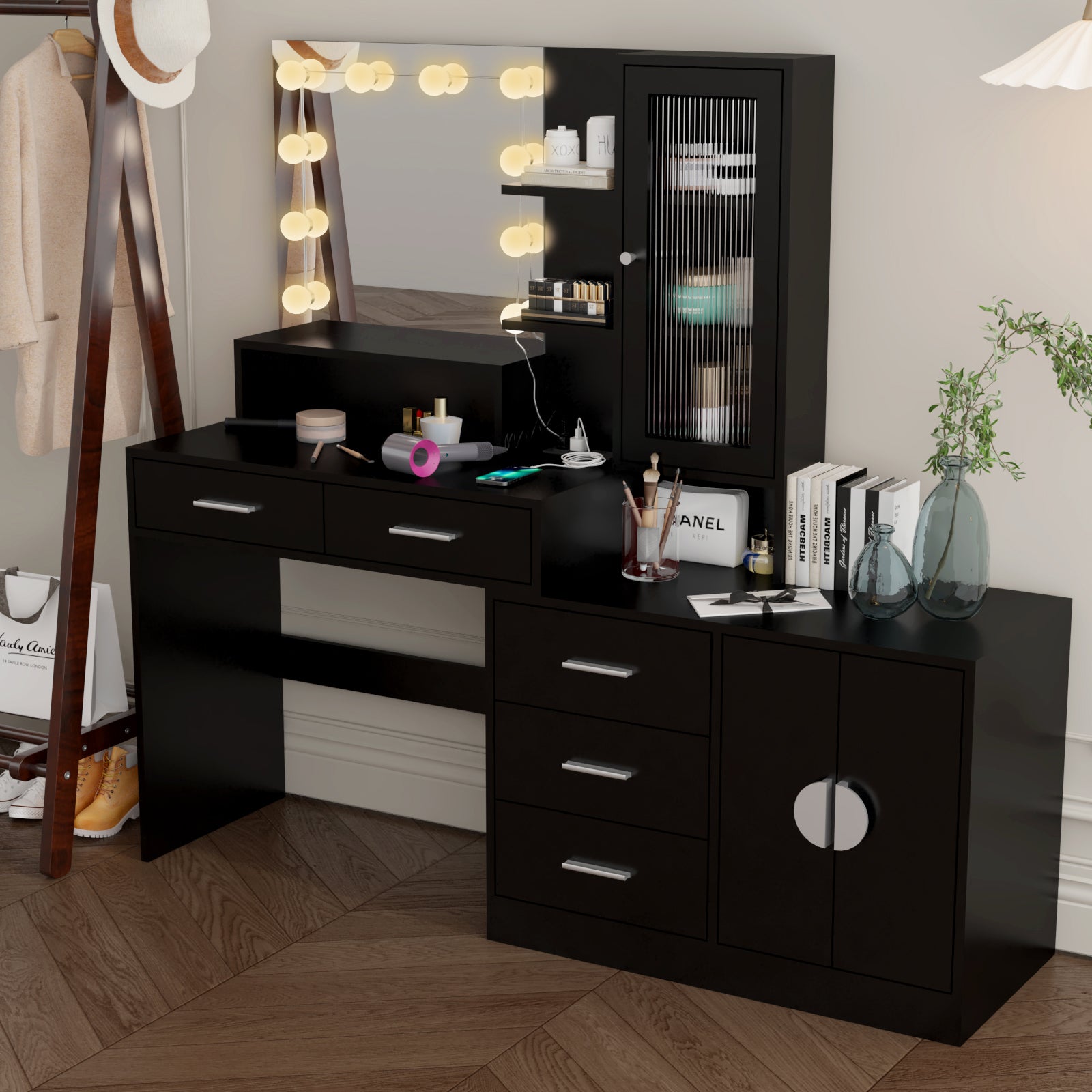 HAOYYE Large Makeup Vanity with Lights, Black Vanity Table with Charging Station, 10 LED Light Bulbs, Mirror, 3 Drawers, Storage Shelves, and Cabinets, Modern Makeup Desk for Bedroom, Dressing Room, or Salon, Adjustable Lighting and USB Ports
