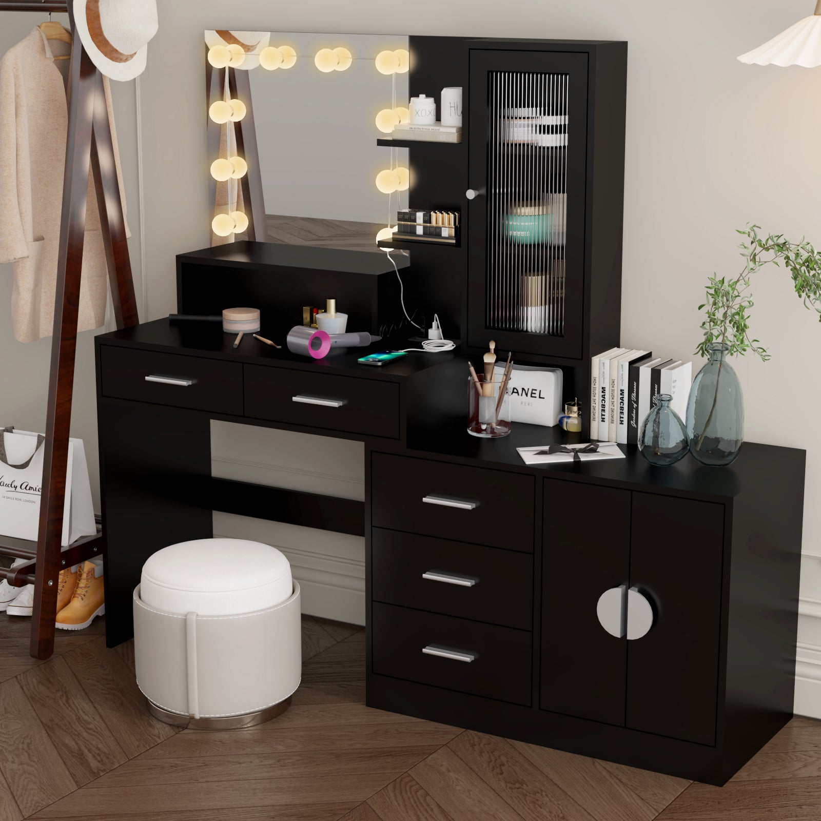 HAOYYE Large Makeup Vanity with Lights, Black Vanity Table with Charging Station, 10 LED Light Bulbs, Mirror, 3 Drawers, Storage Shelves, and Cabinets, Modern Makeup Desk for Bedroom, Dressing Room, or Salon, Adjustable Lighting and USB Ports