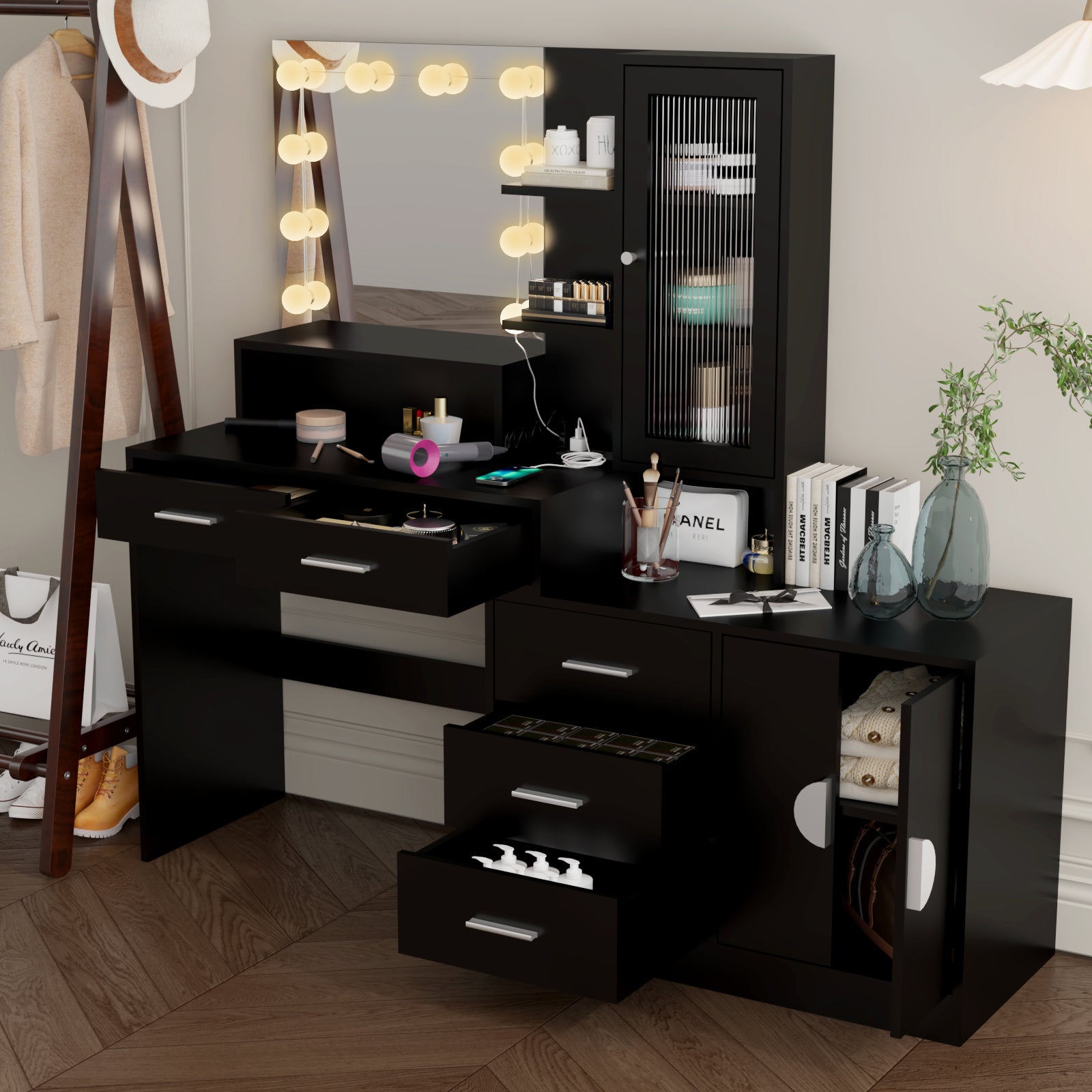 HAOYYE Large Makeup Vanity with Lights, Black Vanity Table with Charging Station, 10 LED Light Bulbs, Mirror, 3 Drawers, Storage Shelves, and Cabinets, Modern Makeup Desk for Bedroom, Dressing Room, or Salon, Adjustable Lighting and USB Ports