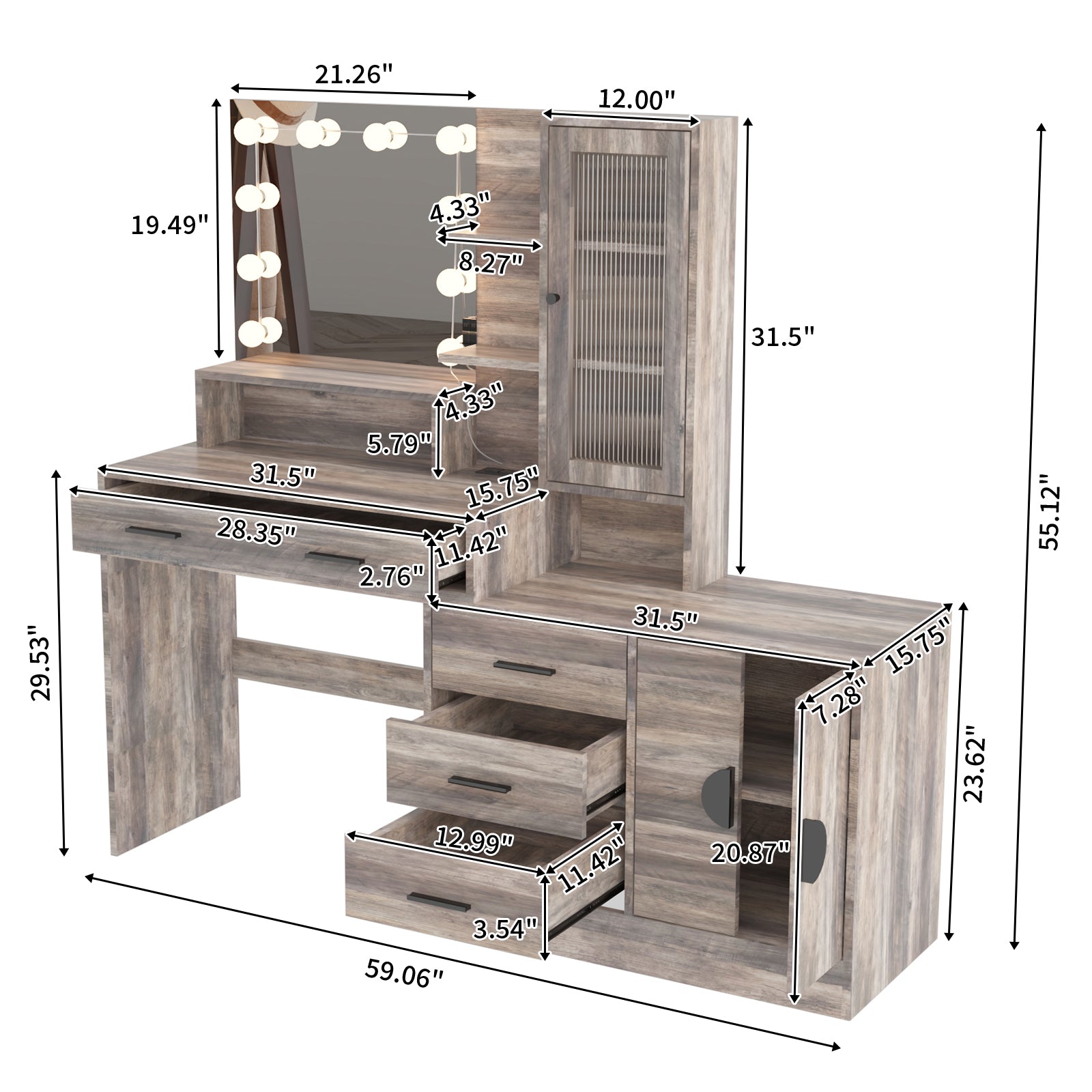 HAOYYE Large Makeup Vanity with 10 LED Light Bulbs, Vanity Table with Mirror and Charging Station, Gray Makeup Desk with Storage Drawers, Shelves, and Cabinets, Modern Vanity Desk for Bedroom, Dressing Room, or Salon, Adjustable Lighting