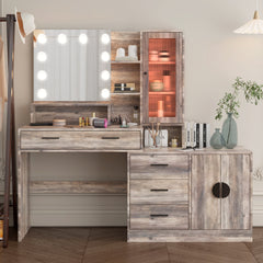 HAOYYE Large Makeup Vanity with 10 LED Light Bulbs, Vanity Table with Mirror and Charging Station, Gray Makeup Desk with Storage Drawers, Shelves, and Cabinets, Modern Vanity Desk for Bedroom, Dressing Room, or Salon, Adjustable Lighting