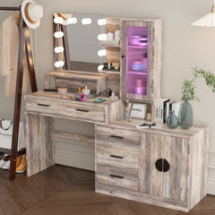 HAOYYE Large Makeup Vanity with 10 LED Light Bulbs, Vanity Table with Mirror and Charging Station, Gray Makeup Desk with Storage Drawers, Shelves, and Cabinets, Modern Vanity Desk for Bedroom, Dressing Room, or Salon, Adjustable Lighting