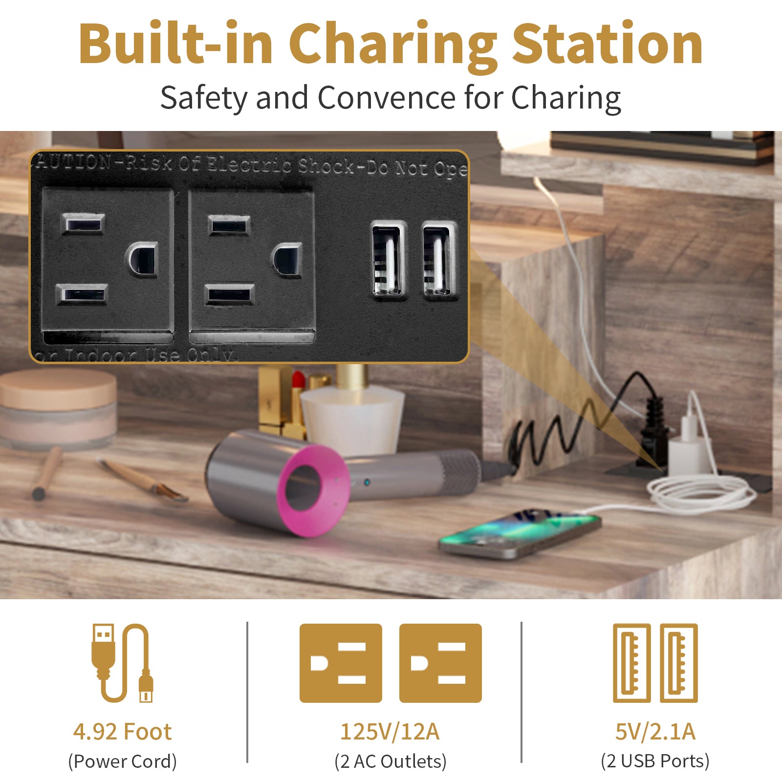 HAOYYE Large Makeup Vanity with 10 LED Light Bulbs, Vanity Table with Mirror and Charging Station, Gray Makeup Desk with Storage Drawers, Shelves, and Cabinets, Modern Vanity Desk for Bedroom, Dressing Room, or Salon, Adjustable Lighting