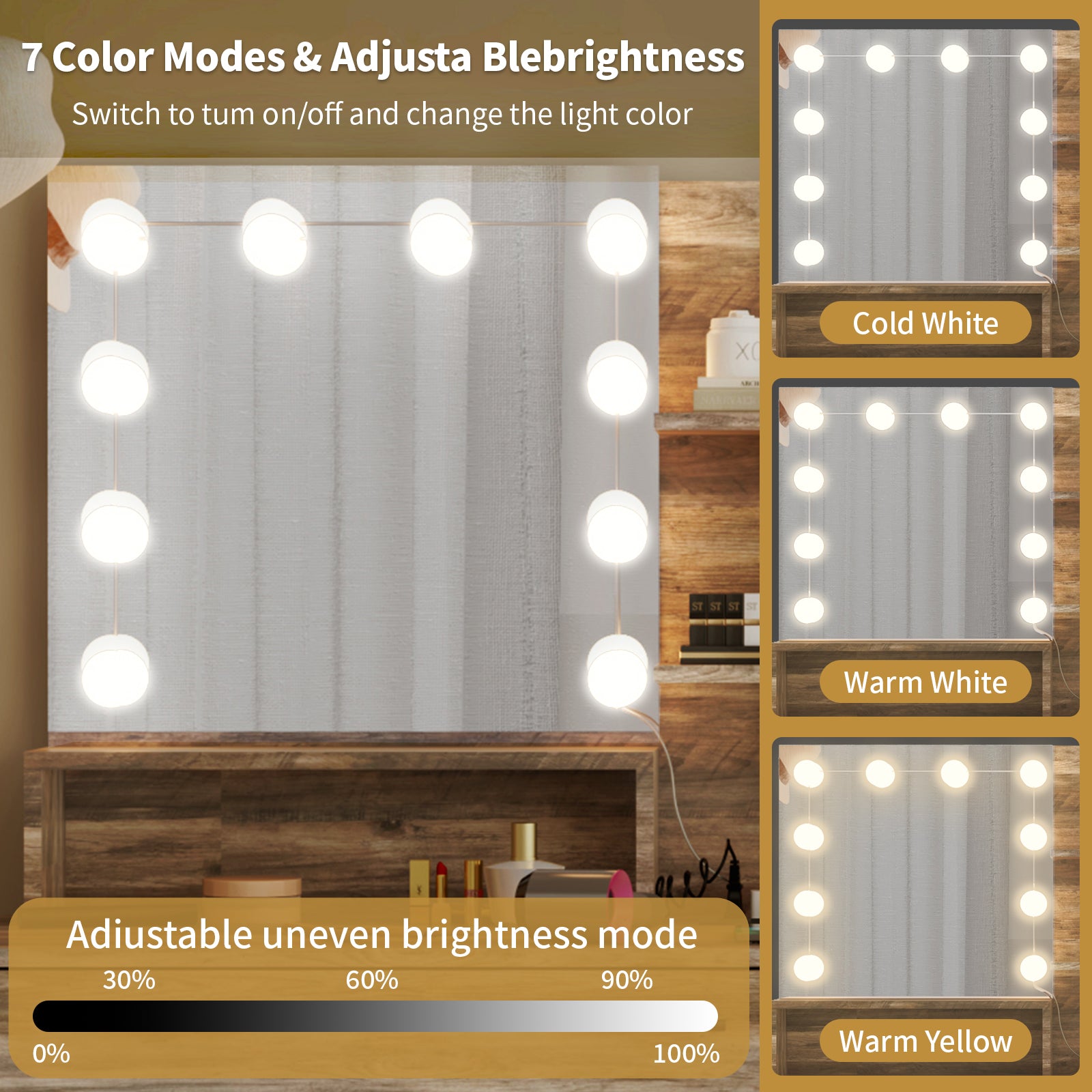 HAOYYE Large Makeup Vanity with Lights, Gray Vanity Table with Mirror and 10 LED Bulbs, Vanity Desk with Built-In Charging Station, Makeup Table with Storage Drawers, Shelves, and Cabinets for Bedroom, Dressing Room, and Home Use