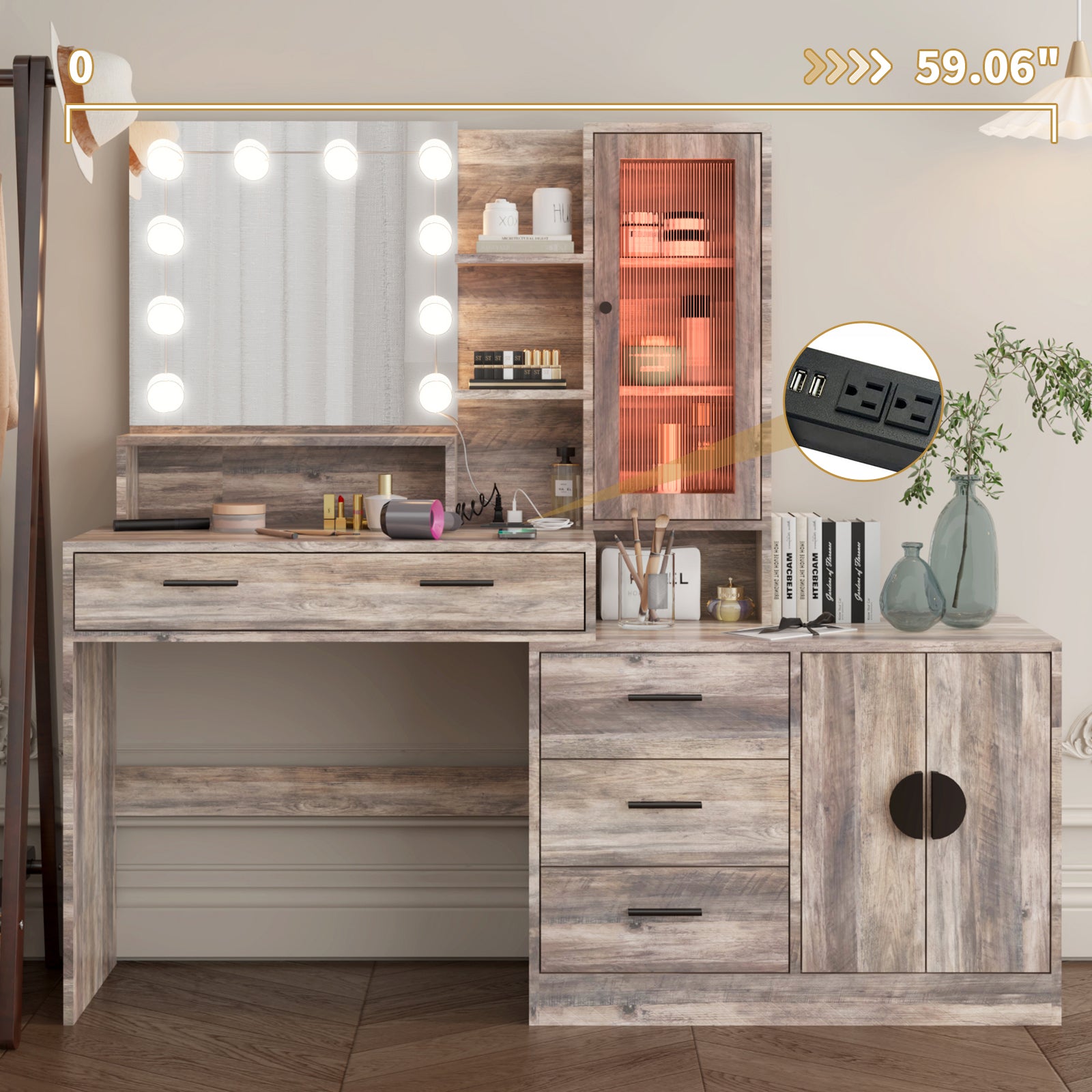 HAOYYE Large Makeup Vanity with 10 LED Light Bulbs, Vanity Table with Mirror and Charging Station, Gray Makeup Desk with Storage Drawers, Shelves, and Cabinets, Modern Vanity Desk for Bedroom, Dressing Room, or Salon, Adjustable Lighting