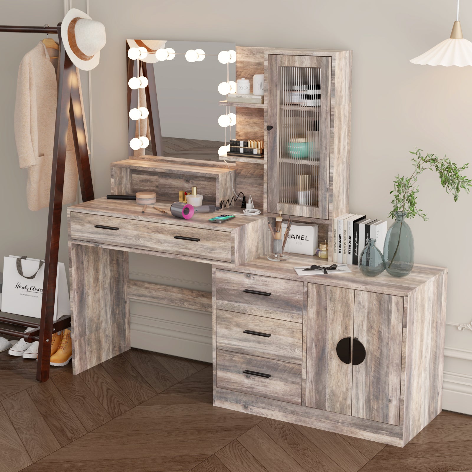 HAOYYE Large Makeup Vanity with 10 LED Light Bulbs, Vanity Table with Mirror and Charging Station, Gray Makeup Desk with Storage Drawers, Shelves, and Cabinets, Modern Vanity Desk for Bedroom, Dressing Room, or Salon, Adjustable Lighting