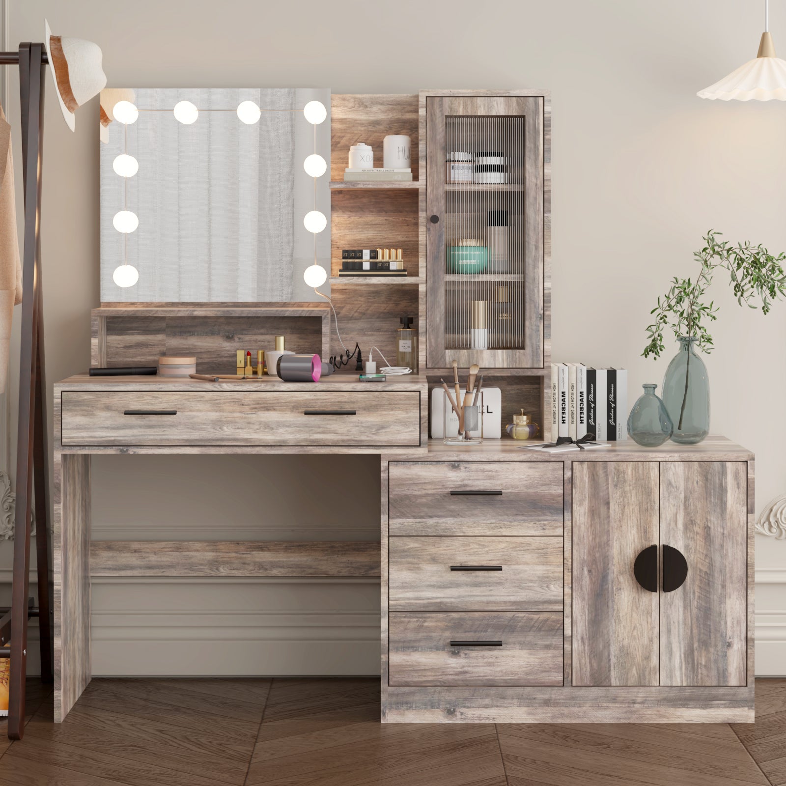 HAOYYE Large Makeup Vanity with 10 LED Light Bulbs, Vanity Table with Mirror and Charging Station, Gray Makeup Desk with Storage Drawers, Shelves, and Cabinets, Modern Vanity Desk for Bedroom, Dressing Room, or Salon, Adjustable Lighting