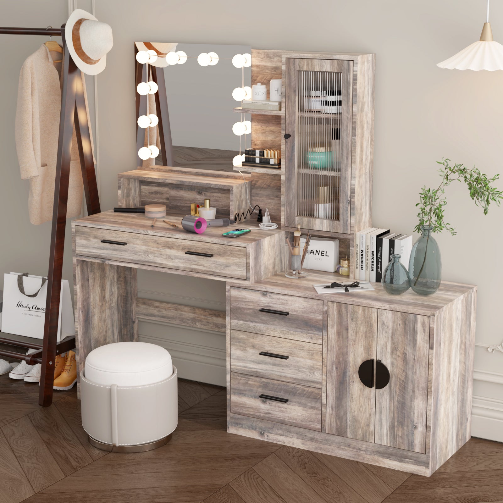HAOYYE Large Makeup Vanity with 10 LED Light Bulbs, Vanity Table with Mirror and Charging Station, Gray Makeup Desk with Storage Drawers, Shelves, and Cabinets, Modern Vanity Desk for Bedroom, Dressing Room, or Salon, Adjustable Lighting