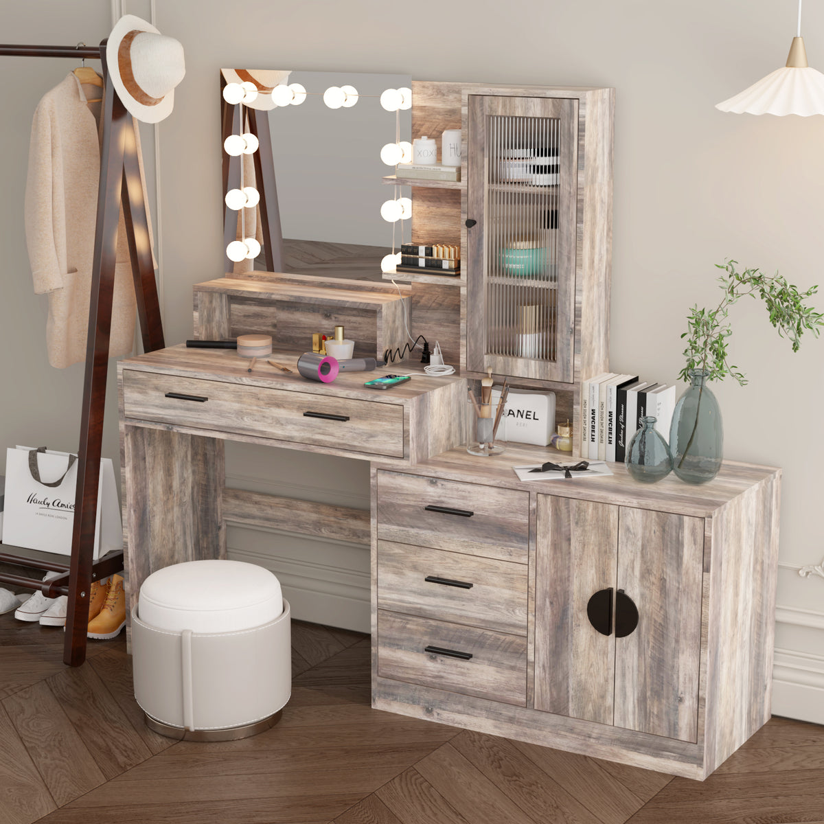 HAOYYE Large Makeup Vanity with 10 LED Light Bulbs, Vanity Table with Mirror and Charging Station, Gray Makeup Desk with Storage Drawers, Shelves, and Cabinets, Modern Vanity Desk for Bedroom, Dressing Room, or Salon, Adjustable Lighting