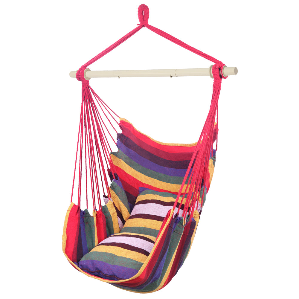 HAOYYE Distinctive Cotton Canvas Hanging Rope Chair with 2 Pillows, Indoor Outdoor Hammock Swing Chair, Rainbow Color, Comfortable and Durable for Porch, Patio, Bedroom, Lounge