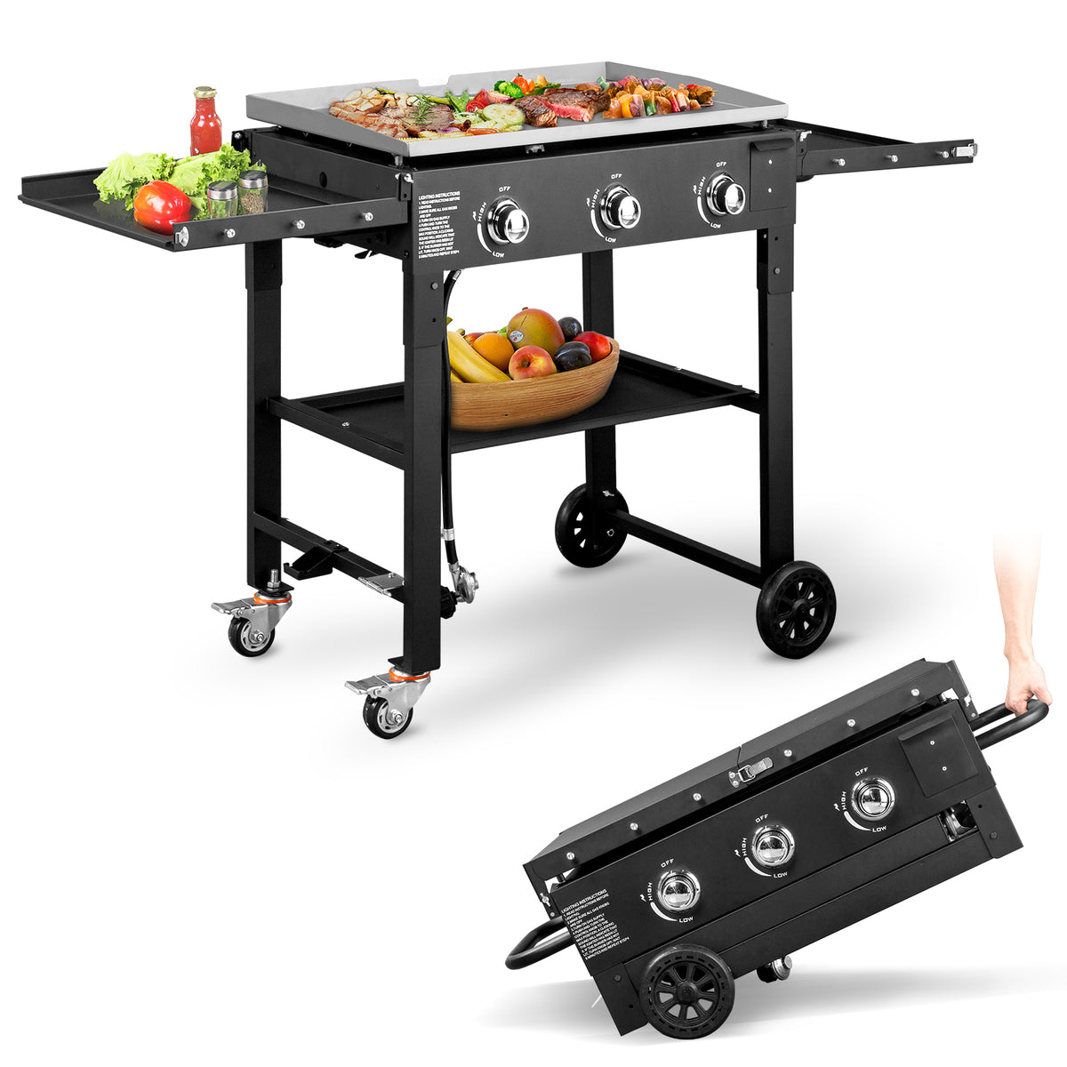 HAOYYE Foldable 3-Burner Flat Top Gas Griddle Cooking Station with Side Shelves, Propane Powered Outdoor Grill for BBQ Camping Tailgating Backyard Parties and Patio Cooking, Portable Heavy Duty Griddle for Versatile Use