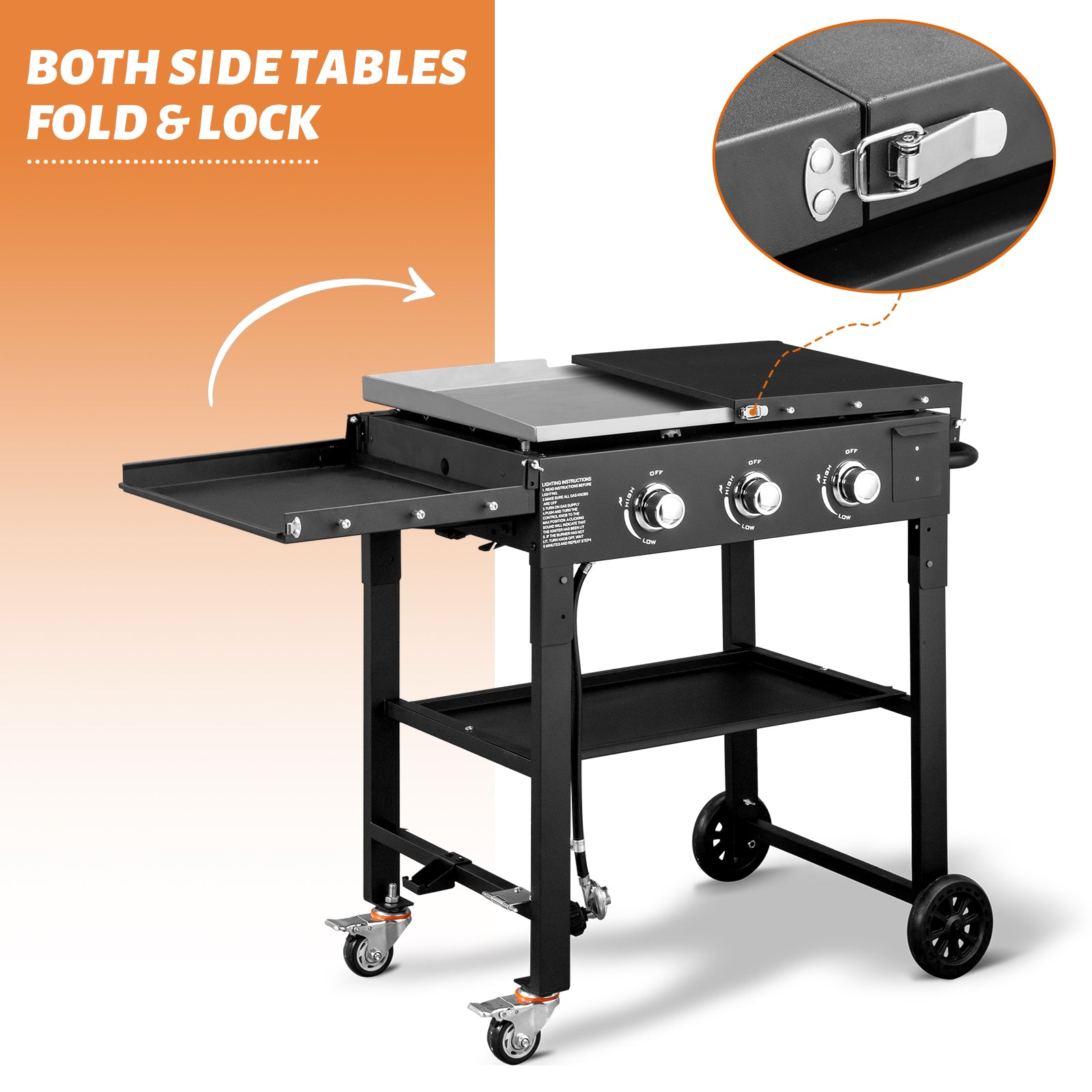 HAOYYE Foldable 3-Burner Flat Top Gas Griddle Cooking Station with Side Shelves, Propane Powered Outdoor Grill for BBQ Camping Tailgating Backyard Parties and Patio Cooking, Portable Heavy Duty Griddle for Versatile Use