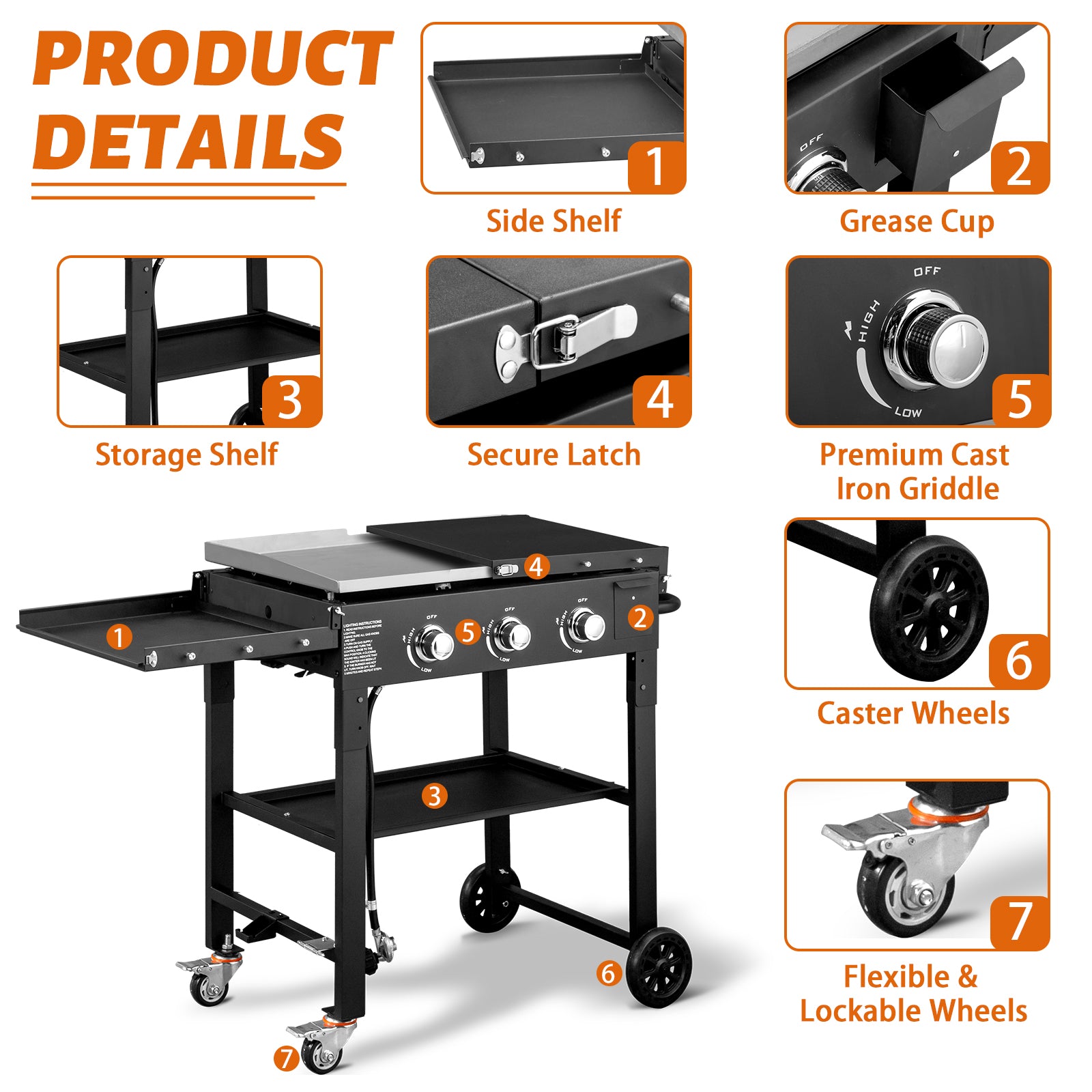 HAOYYE Foldable 3-Burner Flat Top Gas Griddle Cooking Station with Side Shelves, Propane Powered Outdoor Grill for BBQ Camping Tailgating Backyard Parties and Patio Cooking, Portable Heavy Duty Griddle for Versatile Use