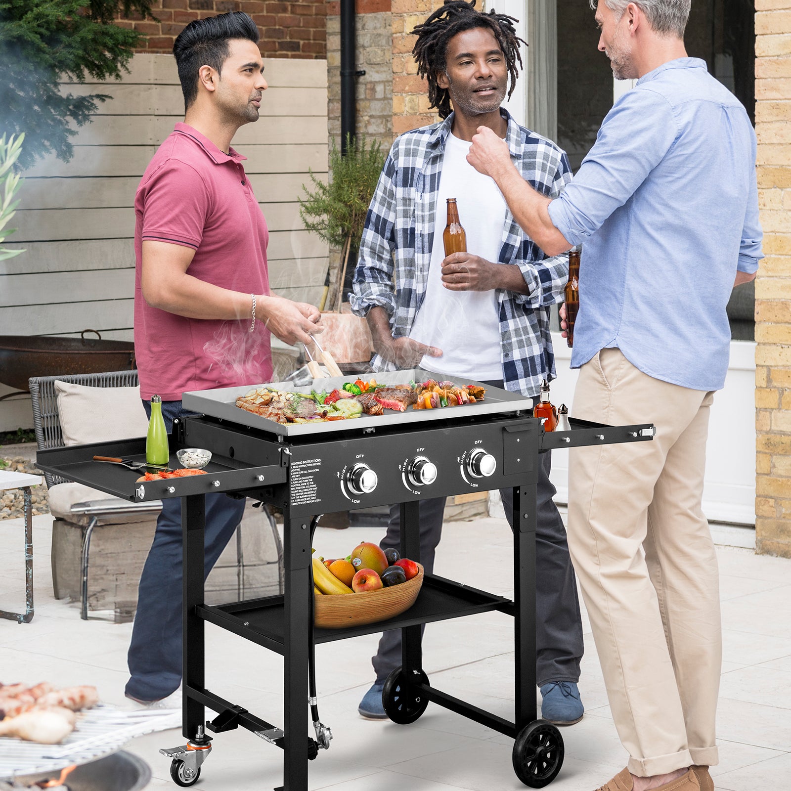HAOYYE Foldable 3-Burner Flat Top Gas Griddle Cooking Station with Side Shelves, Propane Powered Outdoor Grill for BBQ Camping Tailgating Backyard Parties and Patio Cooking, Portable Heavy Duty Griddle for Versatile Use