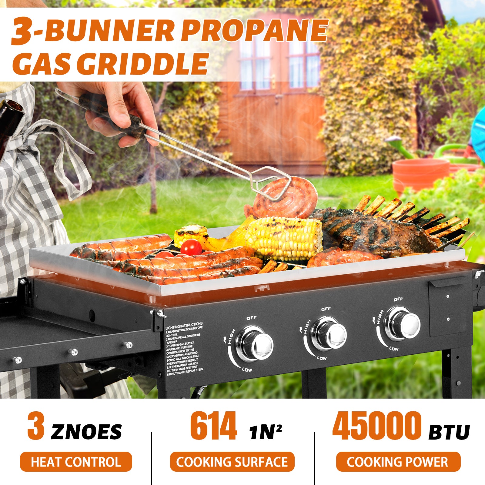 HAOYYE Foldable 3-Burner Flat Top Gas Griddle Cooking Station with Side Shelves, Propane Powered Outdoor Grill for BBQ Camping Tailgating Backyard Parties and Patio Cooking, Portable Heavy Duty Griddle for Versatile Use