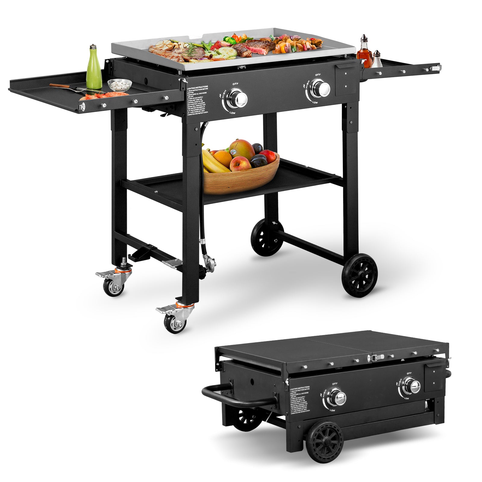 HAOYYE Foldable 2 Burner Gas Griddle Cooking Station with Side Shelves Outdoor Propane Flat Top BBQ Grill Portable Griddle Station for Patio Backyard Camping Tailgating Cookout Heavy Duty Iron Griddle