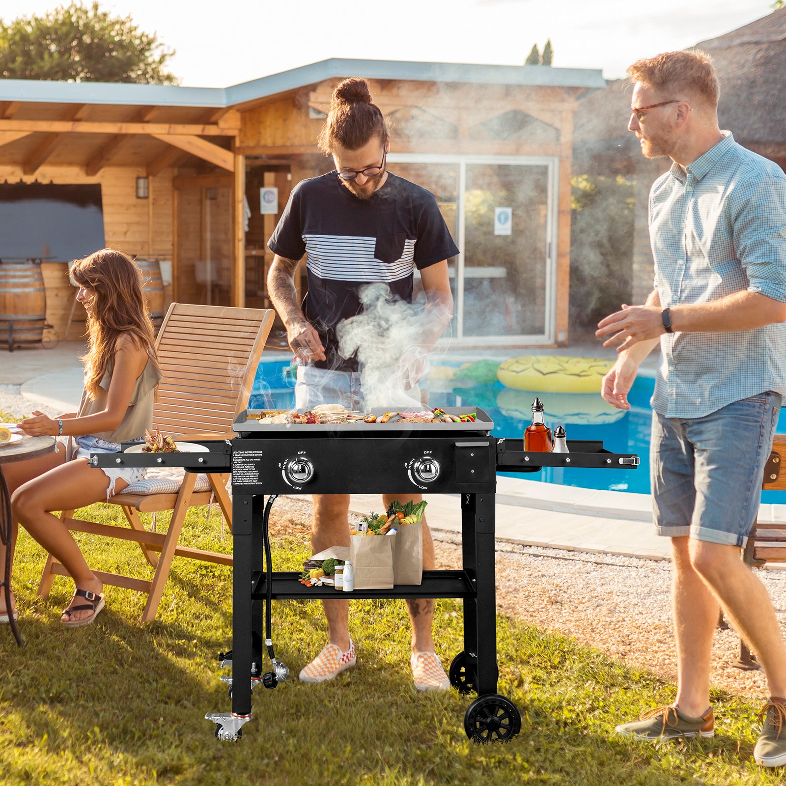 HAOYYE Foldable 2 Burner Gas Griddle Cooking Station with Side Shelves Outdoor Propane Flat Top BBQ Grill Portable Griddle Station for Patio Backyard Camping Tailgating Cookout Heavy Duty Iron Griddle
