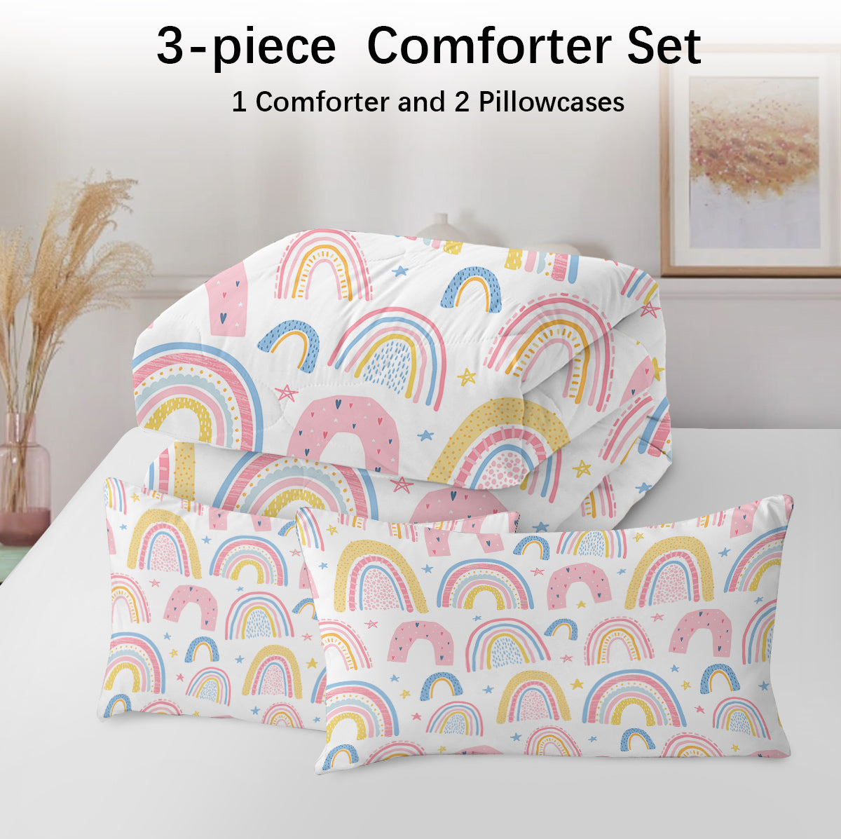 HAOYYE Rainbow Comforter Set for Women, Soft Pink and Yellow Rainbow Star Design, 3-Piece Bedding Set with Comforter and Pillow Shams, Cozy Flannel Fleece, Stylish Home Decor for Bedroom
