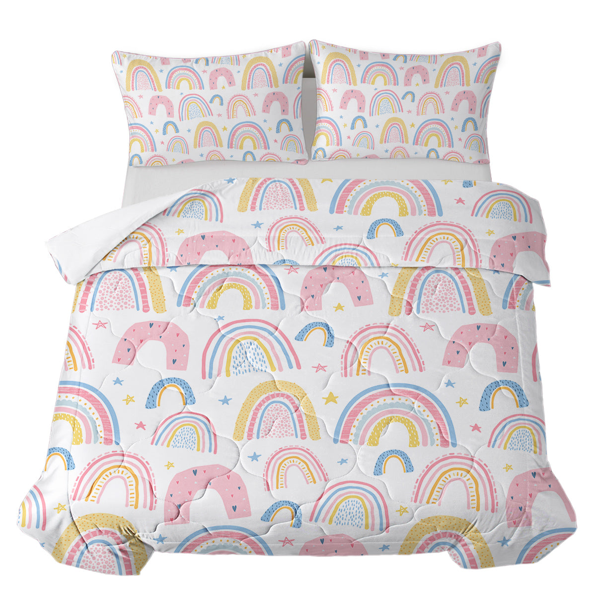 HAOYYE Rainbow Comforter Set for Women, Soft Pink and Yellow Rainbow Star Design, 3-Piece Bedding Set with Comforter and Pillow Shams, Cozy Flannel Fleece, Stylish Home Decor for Bedroom
