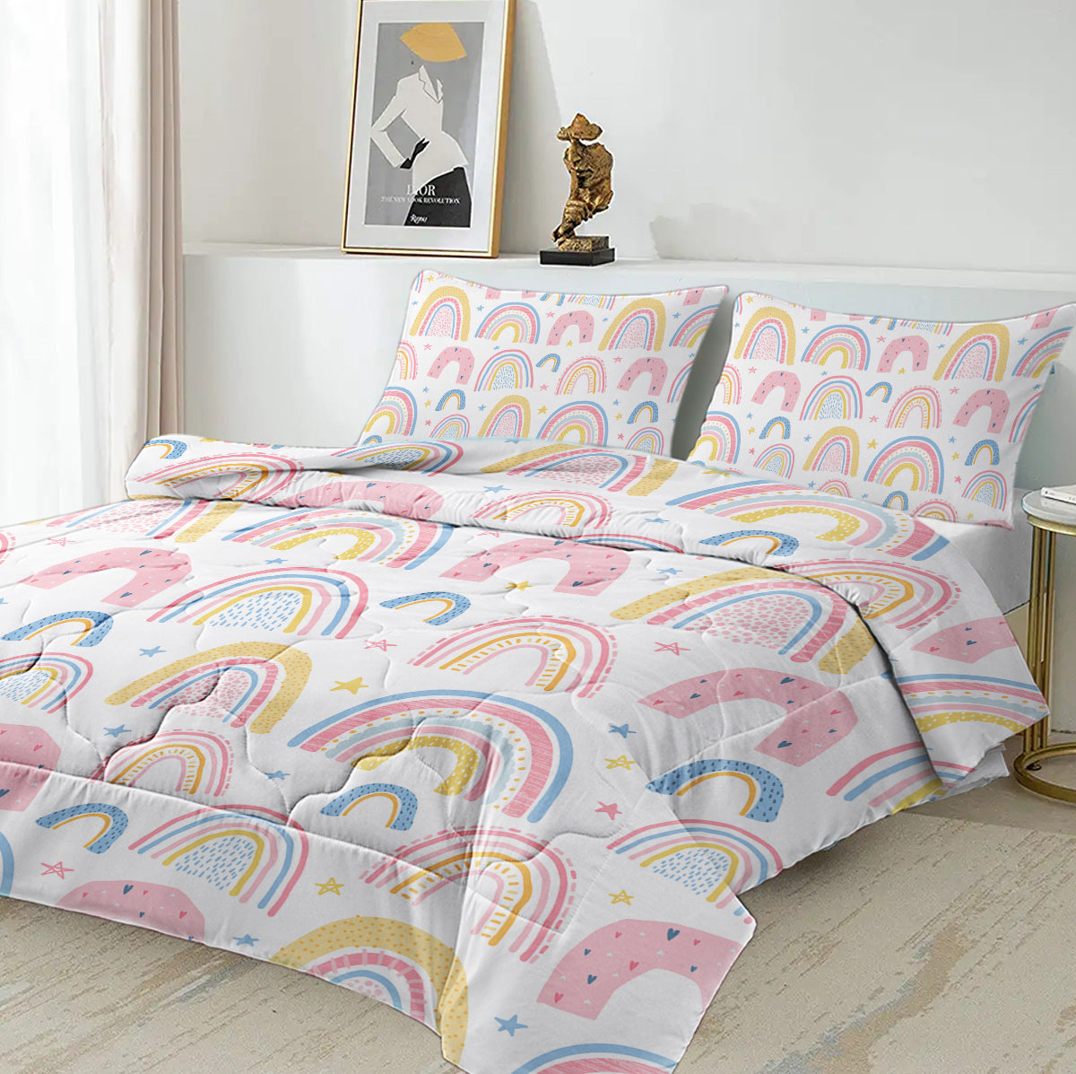 HAOYYE Rainbow Comforter Set for Women, Soft Pink and Yellow Rainbow Star Design, 3-Piece Bedding Set with Comforter and Pillow Shams, Cozy Flannel Fleece, Stylish Home Decor for Bedroom