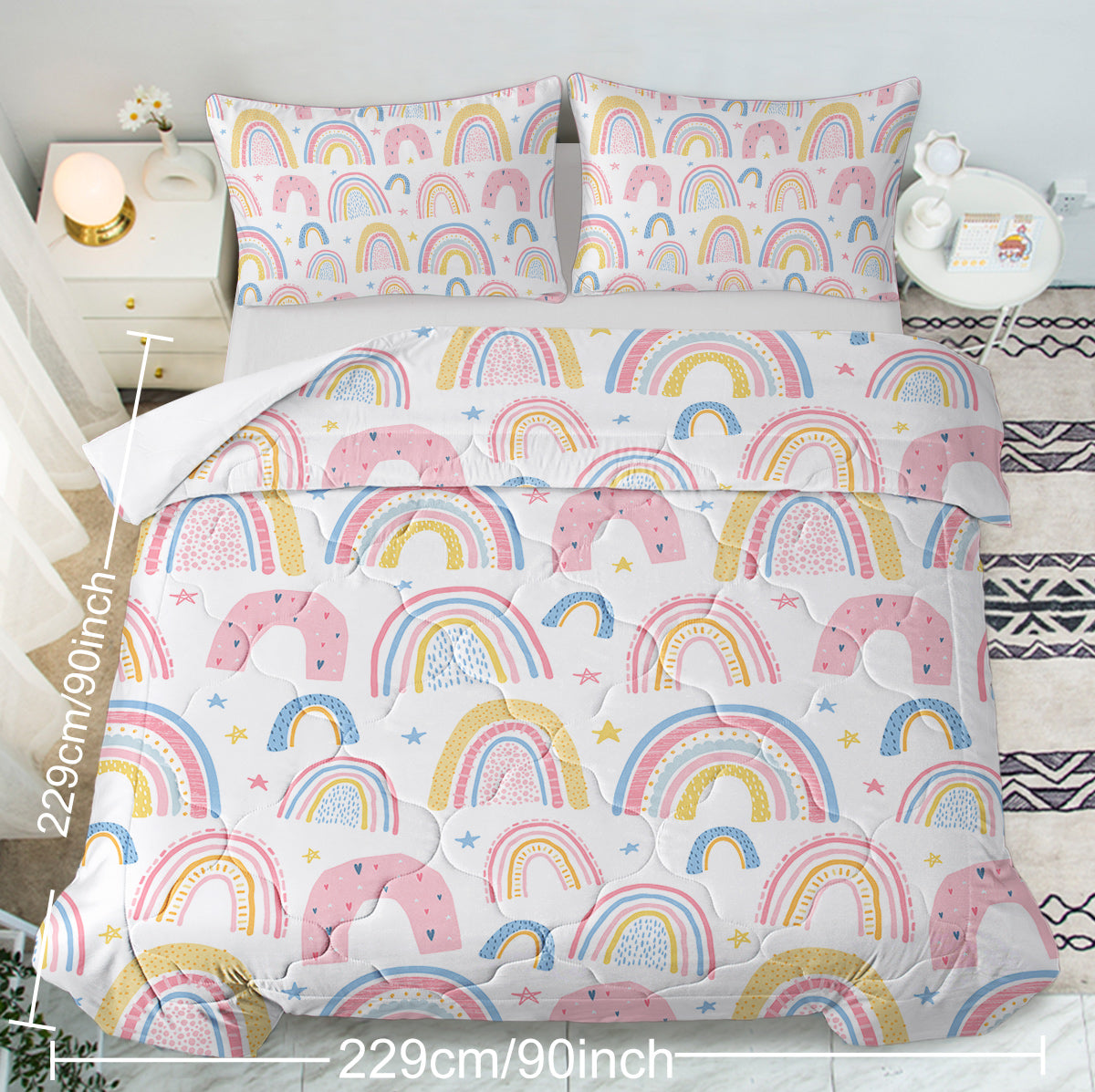 HAOYYE Rainbow Comforter Set for Women, Soft Pink and Yellow Rainbow Star Design, 3-Piece Bedding Set with Comforter and Pillow Shams, Cozy Flannel Fleece, Stylish Home Decor for Bedroom
