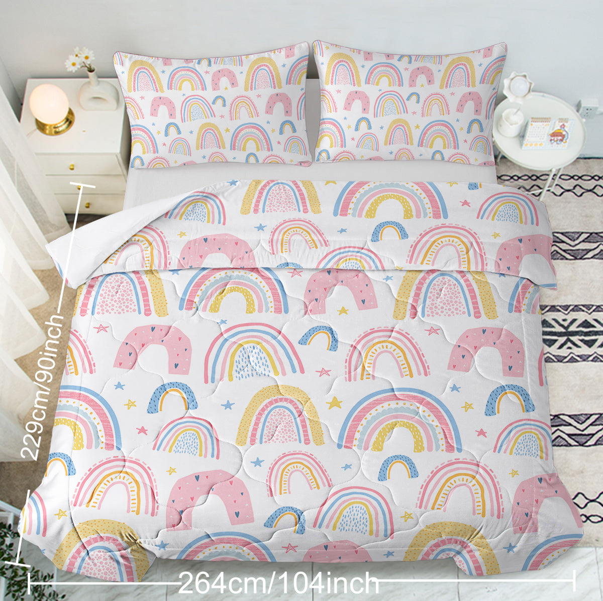HAOYYE Rainbow Pattern Comforter Set, Pink and Yellow Star Design, 3-Piece Full Size Set Including 1 Comforter and 2 Pillow Shams, Soft Cozy Home Decor, Perfect for Women’s Bedrooms, Warm and Stylish Bedding