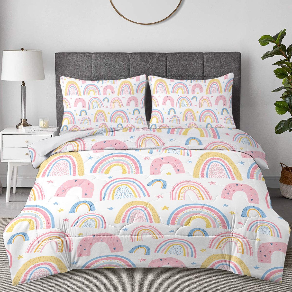 HAOYYE Rainbow Pattern Comforter Set, Pink and Yellow Star Design, 3-Piece Full Size Set Including 1 Comforter and 2 Pillow Shams, Soft Cozy Home Decor, Perfect for Women’s Bedrooms, Warm and Stylish Bedding