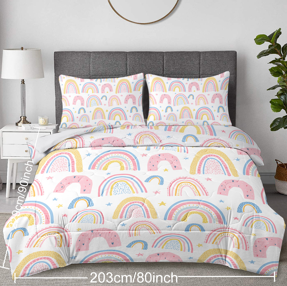 HAOYYE Rainbow Pattern Comforter Set, Pink and Yellow Star Design, 3-Piece Full Size Set Including 1 Comforter and 2 Pillow Shams, Soft Cozy Home Decor, Perfect for Women’s Bedrooms, Warm and Stylish Bedding