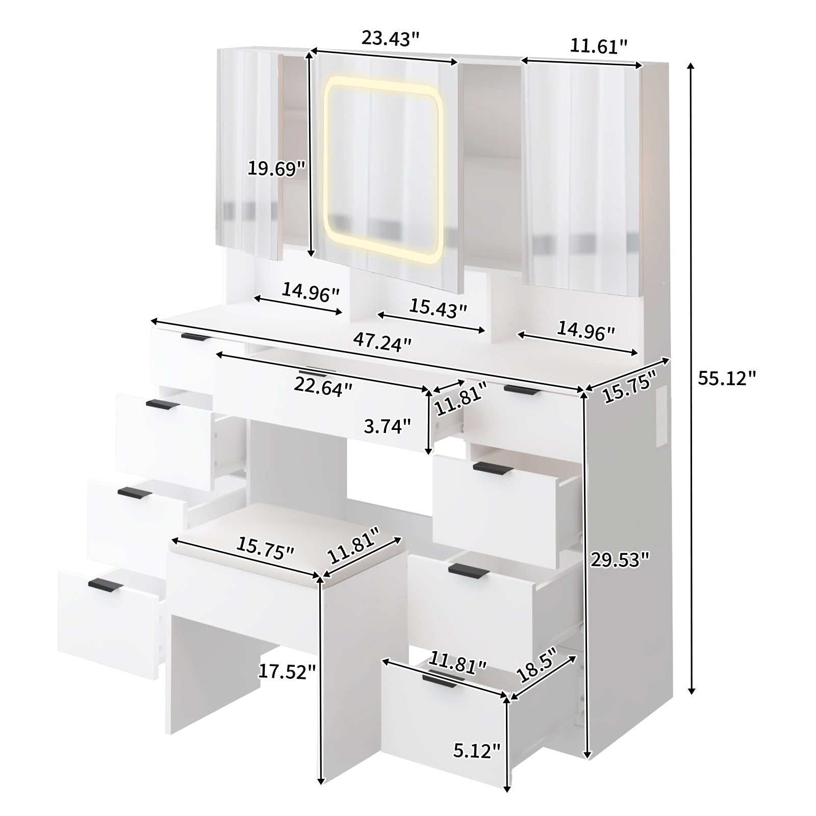 HAOYYE Large Vanity Table Set with 3 Opening Mirrors and LED Lights, White Makeup Vanity Table with Full Storage Behind Mirror, Drawers and Storage Shelves, Cushioned Stool, Perfect for Bedroom, Dressing Room, or Makeup Station