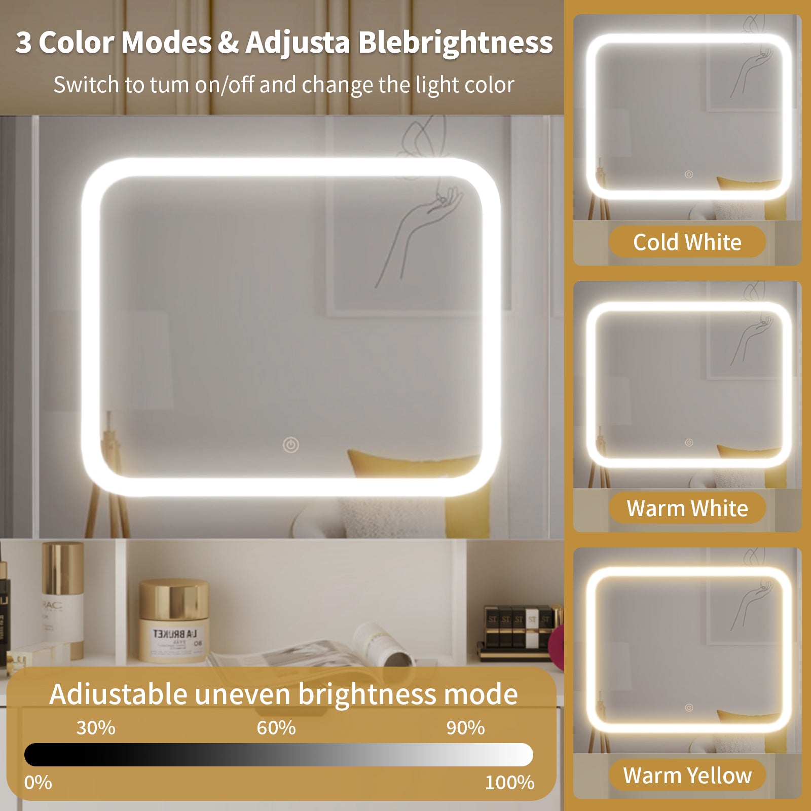HAOYYE Large Vanity Table Set with 3 Opening Mirrors and LED Lights, White Makeup Vanity Table with Full Storage Behind Mirror, Drawers and Storage Shelves, Cushioned Stool, Perfect for Bedroom, Dressing Room, or Makeup Station