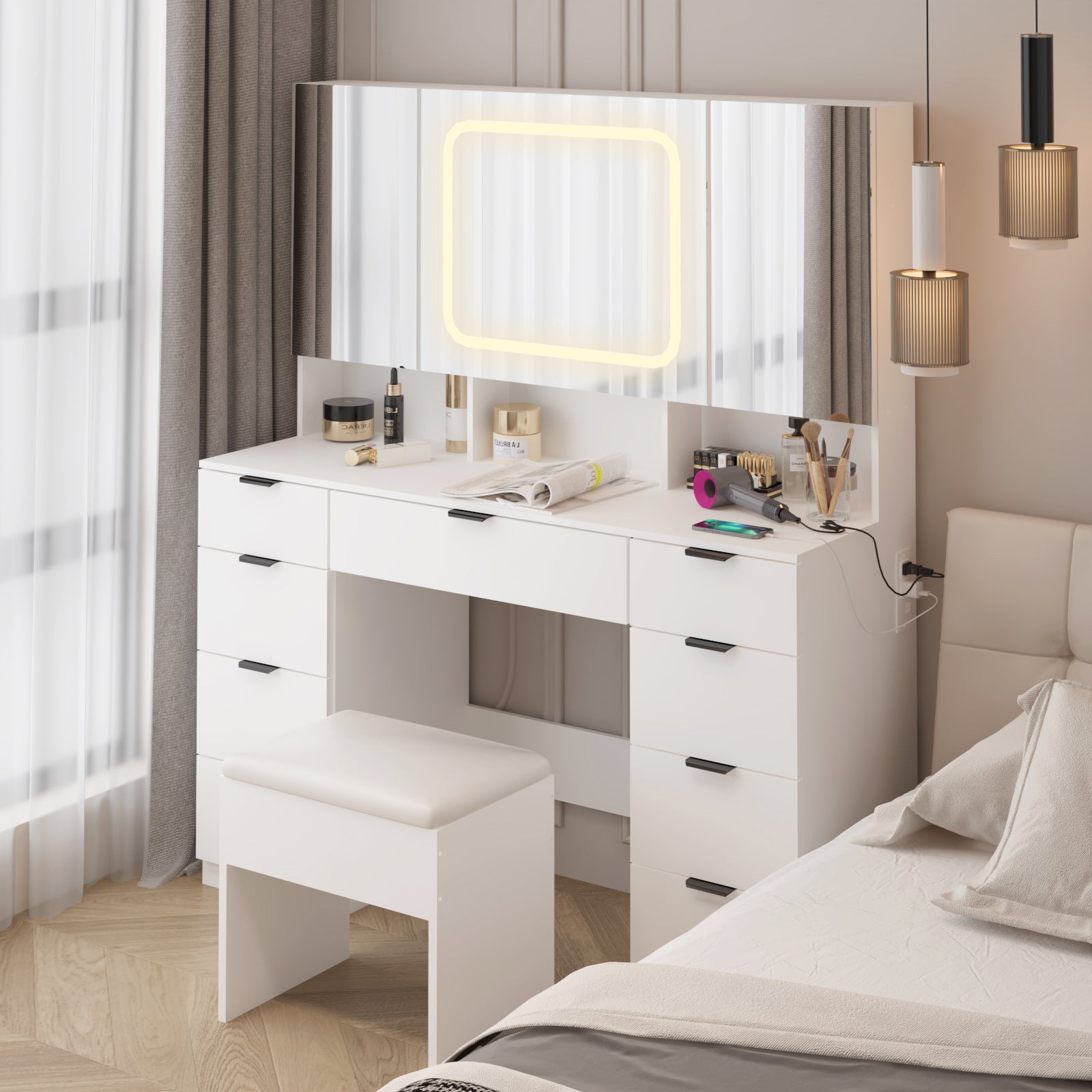 HAOYYE Large Vanity Table Set with 3 Opening Mirrors and LED Lights, White Makeup Vanity Table with Full Storage Behind Mirror, Drawers and Storage Shelves, Cushioned Stool, Perfect for Bedroom, Dressing Room, or Makeup Station