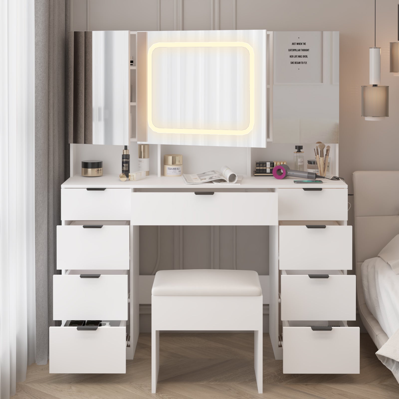 HAOYYE Large Vanity Table Set with 3 Opening Mirrors and LED Lights, White Makeup Vanity Table with Full Storage Behind Mirror, Drawers and Storage Shelves, Cushioned Stool, Perfect for Bedroom, Dressing Room, or Makeup Station