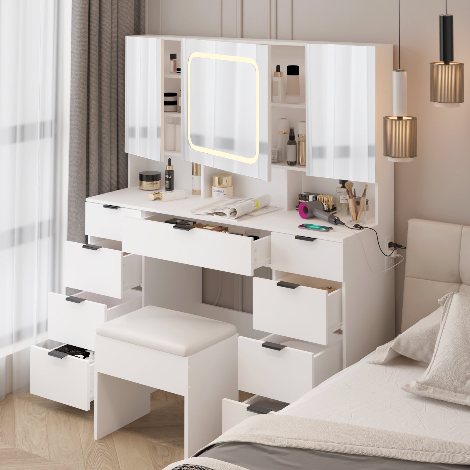 HAOYYE Large Vanity Table Set with 3 Opening Mirrors and LED Lights, White Makeup Vanity Table with Full Storage Behind Mirror, Drawers and Storage Shelves, Cushioned Stool, Perfect for Bedroom, Dressing Room, or Makeup Station