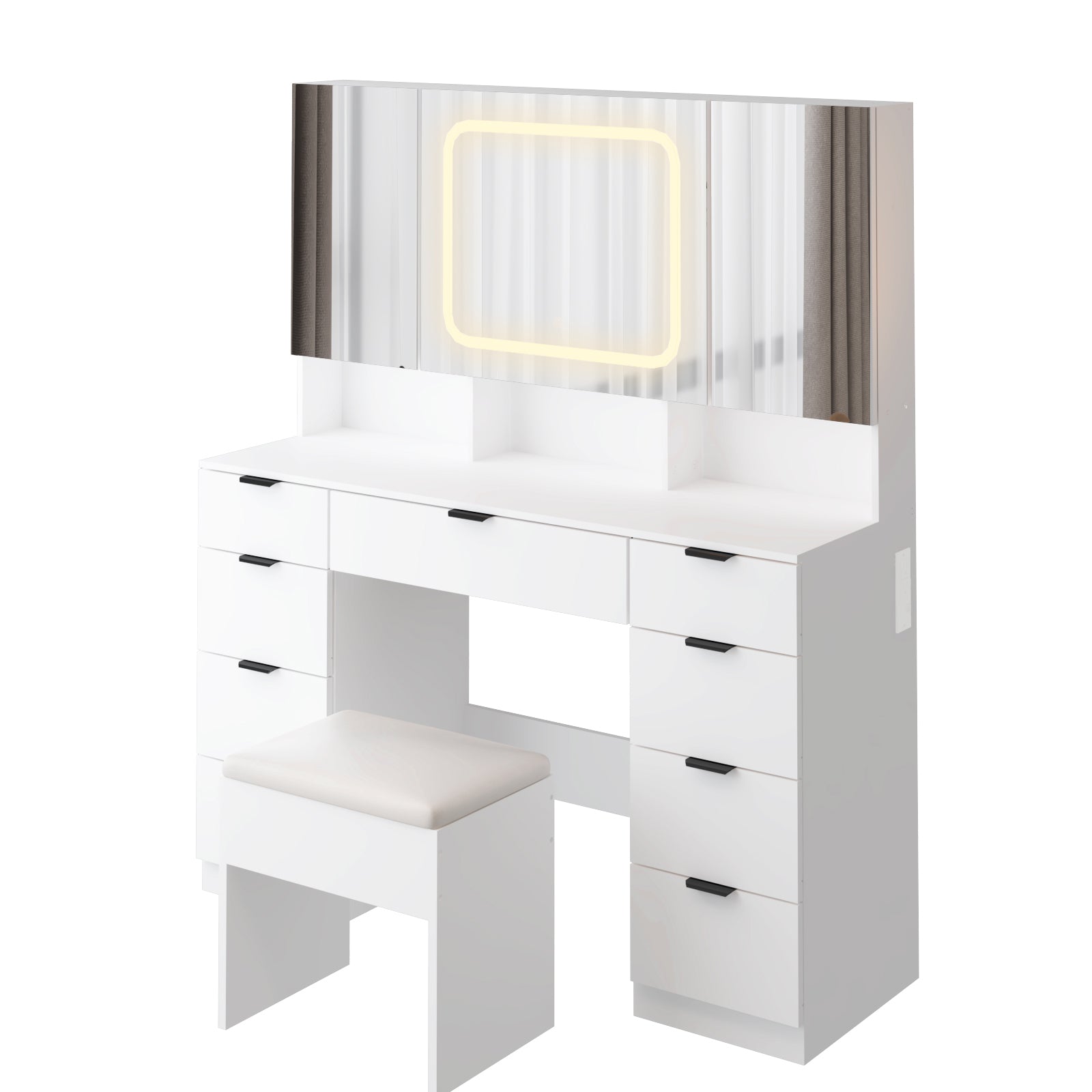 HAOYYE Large Vanity Table Set with 3 Opening Mirrors and LED Lights, White Makeup Vanity Table with Full Storage Behind Mirror, Drawers and Storage Shelves, Cushioned Stool, Perfect for Bedroom, Dressing Room, or Makeup Station