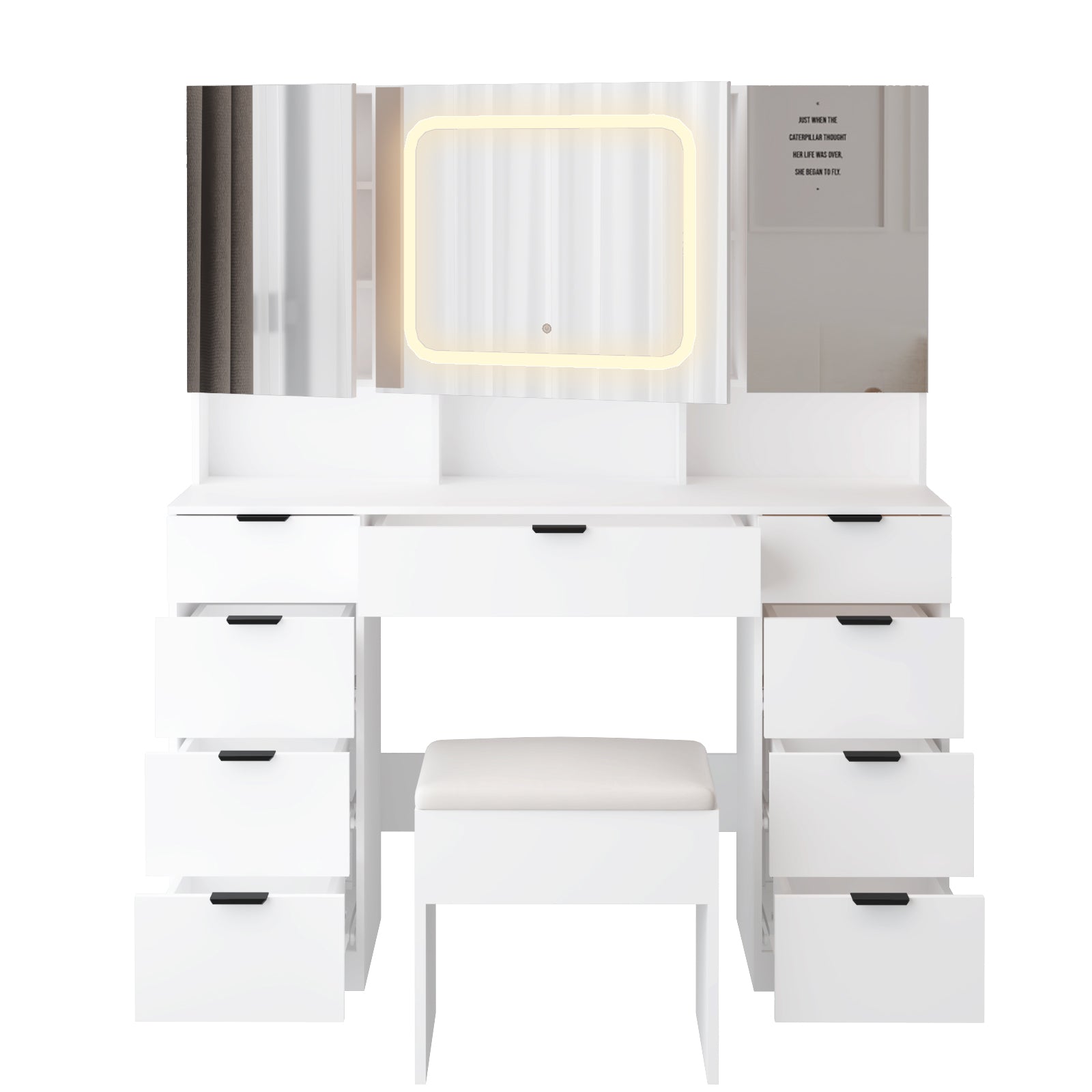 HAOYYE Large Vanity Table Set with 3 Opening Mirrors and LED Lights, White Makeup Vanity Table with Full Storage Behind Mirror, Drawers and Storage Shelves, Cushioned Stool, Perfect for Bedroom, Dressing Room, or Makeup Station