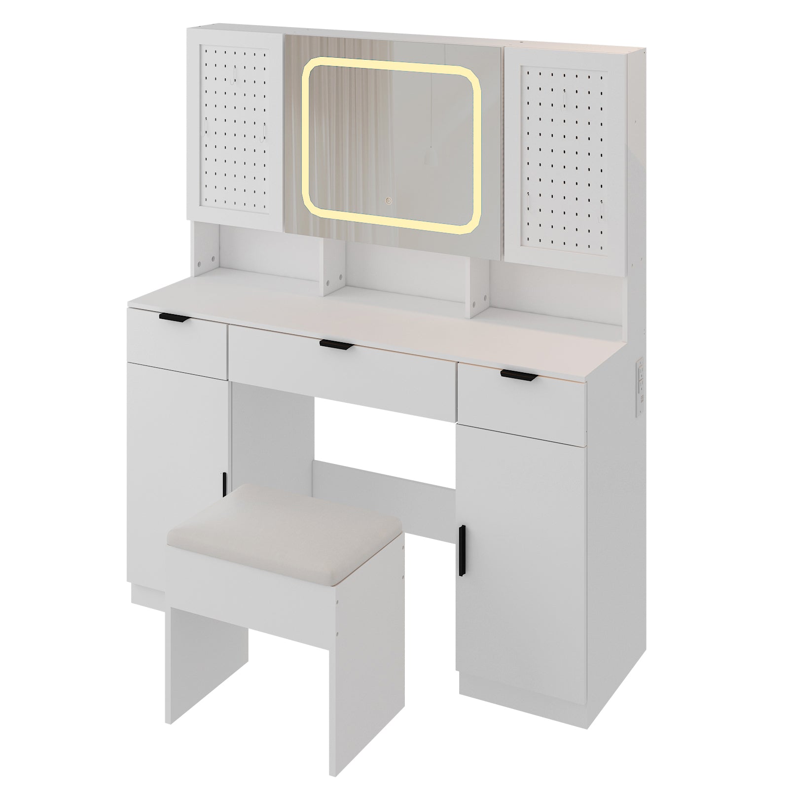 HAOYYE Large Vanity Table Set with LED Mirror, 2 Pegboards & Hooks, Makeup Desk with Charging Station, Storage Shelves, Drawers, Cushioned Stool for Bedroom, Modern Beauty Station with Adjustable Lighting
