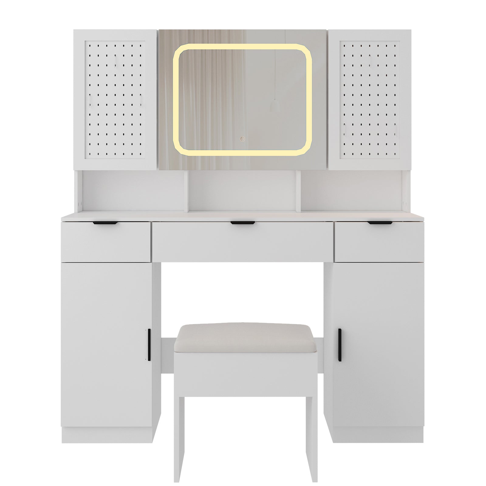 HAOYYE Large Vanity Table Set with LED Mirror, 2 Pegboards & Hooks, Makeup Desk with Charging Station, Storage Shelves, Drawers, Cushioned Stool for Bedroom, Modern Beauty Station with Adjustable Lighting