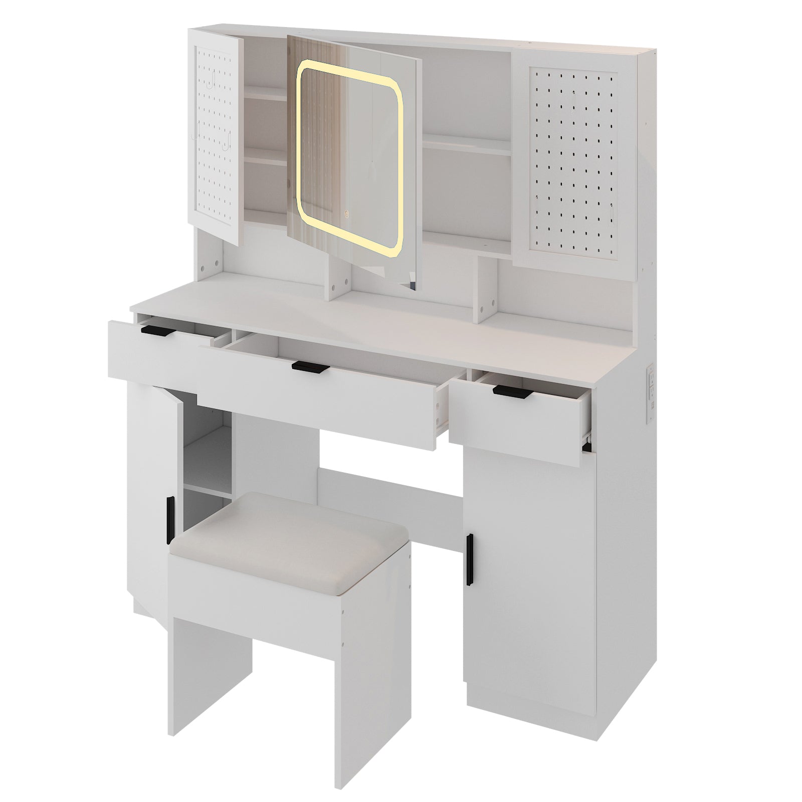 HAOYYE Large Vanity Table Set with LED Mirror, 2 Pegboards & Hooks, Makeup Desk with Charging Station, Storage Shelves, Drawers, Cushioned Stool for Bedroom, Modern Beauty Station with Adjustable Lighting