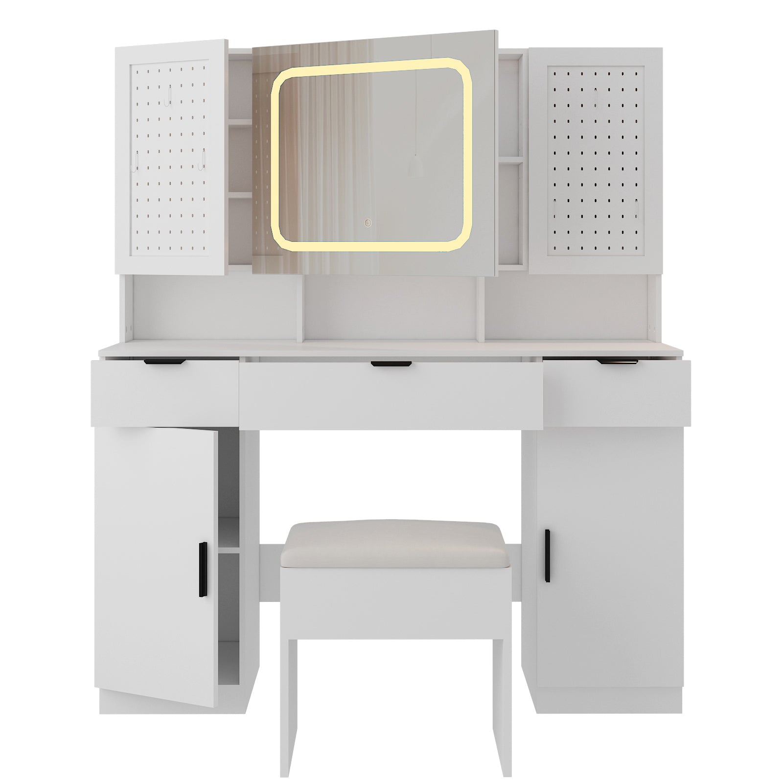 HAOYYE Large Vanity Table Set with LED Mirror, 2 Pegboards & Hooks, Makeup Desk with Charging Station, Storage Shelves, Drawers, Cushioned Stool for Bedroom, Modern Beauty Station with Adjustable Lighting